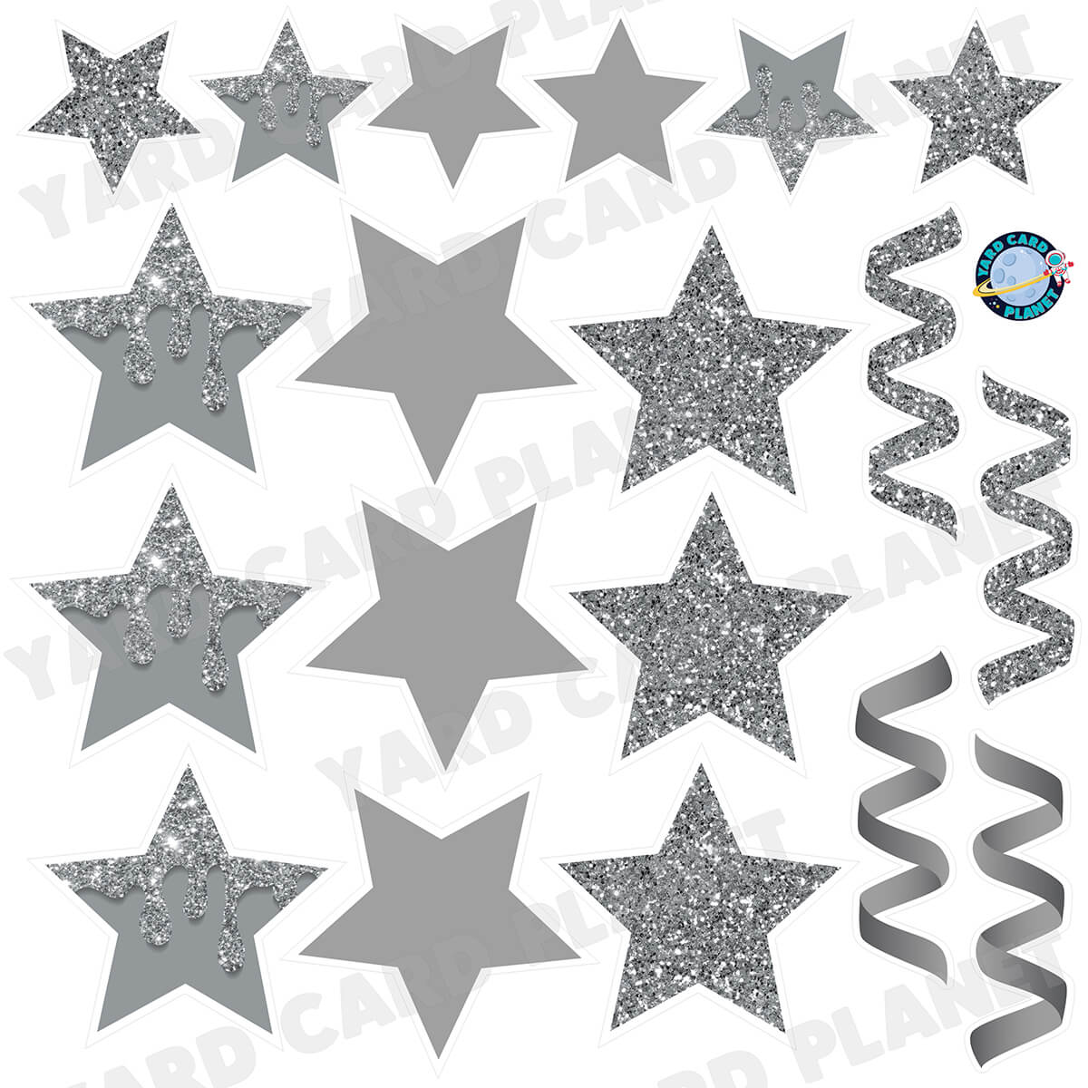 Silver Glitter and Solid Stars and Streamers Half Sheet Yard Card Flair Set