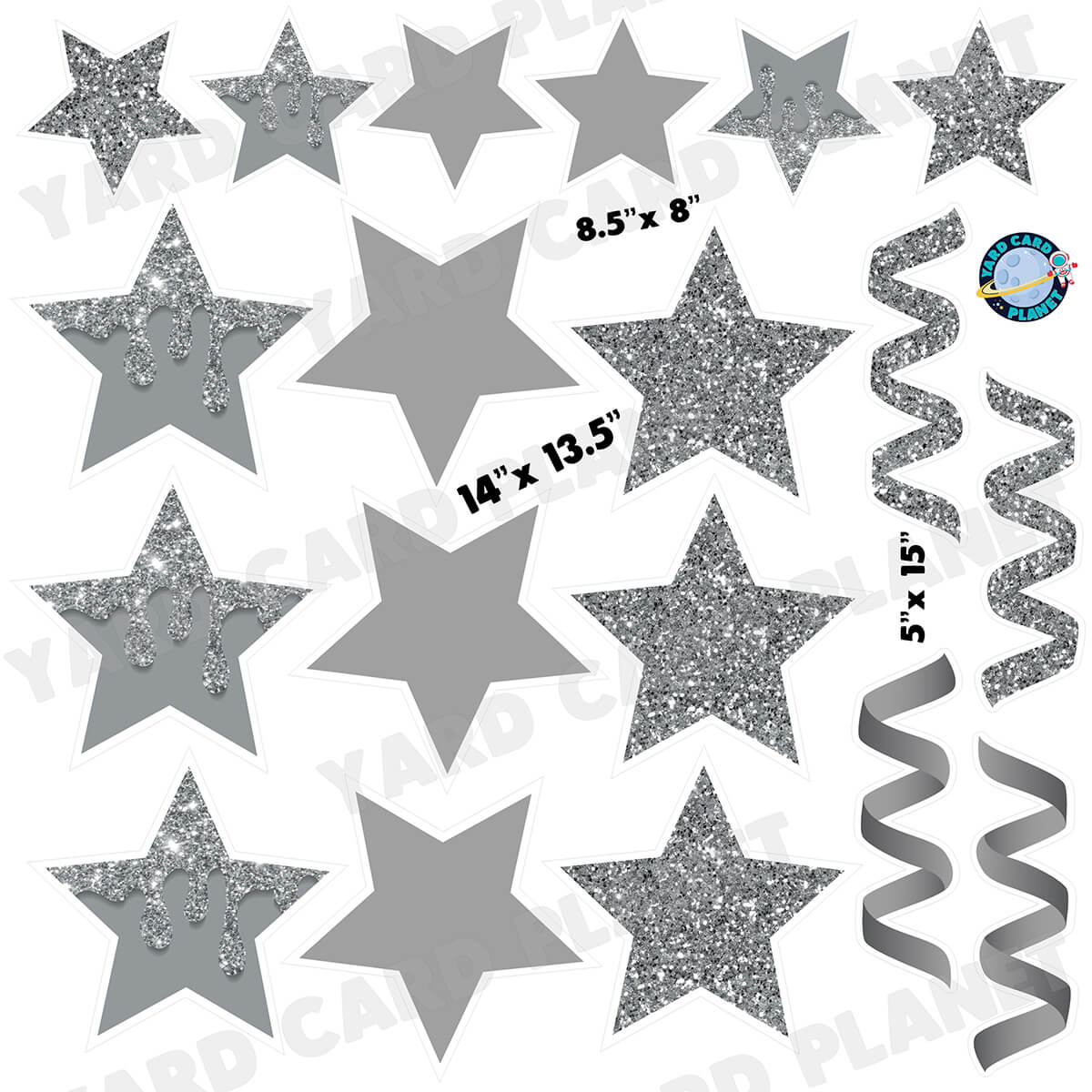 Silver Glitter and Solid Stars and Streamers Half Sheet Yard Card Flair Set