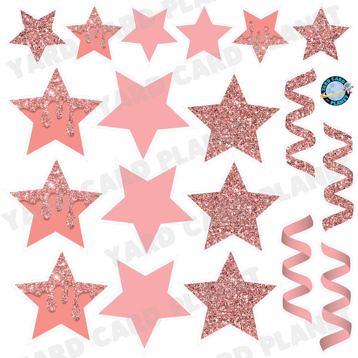 Rose Gold Glitter and Solid Stars and Streamers Half Sheet Yard Card Flair Set