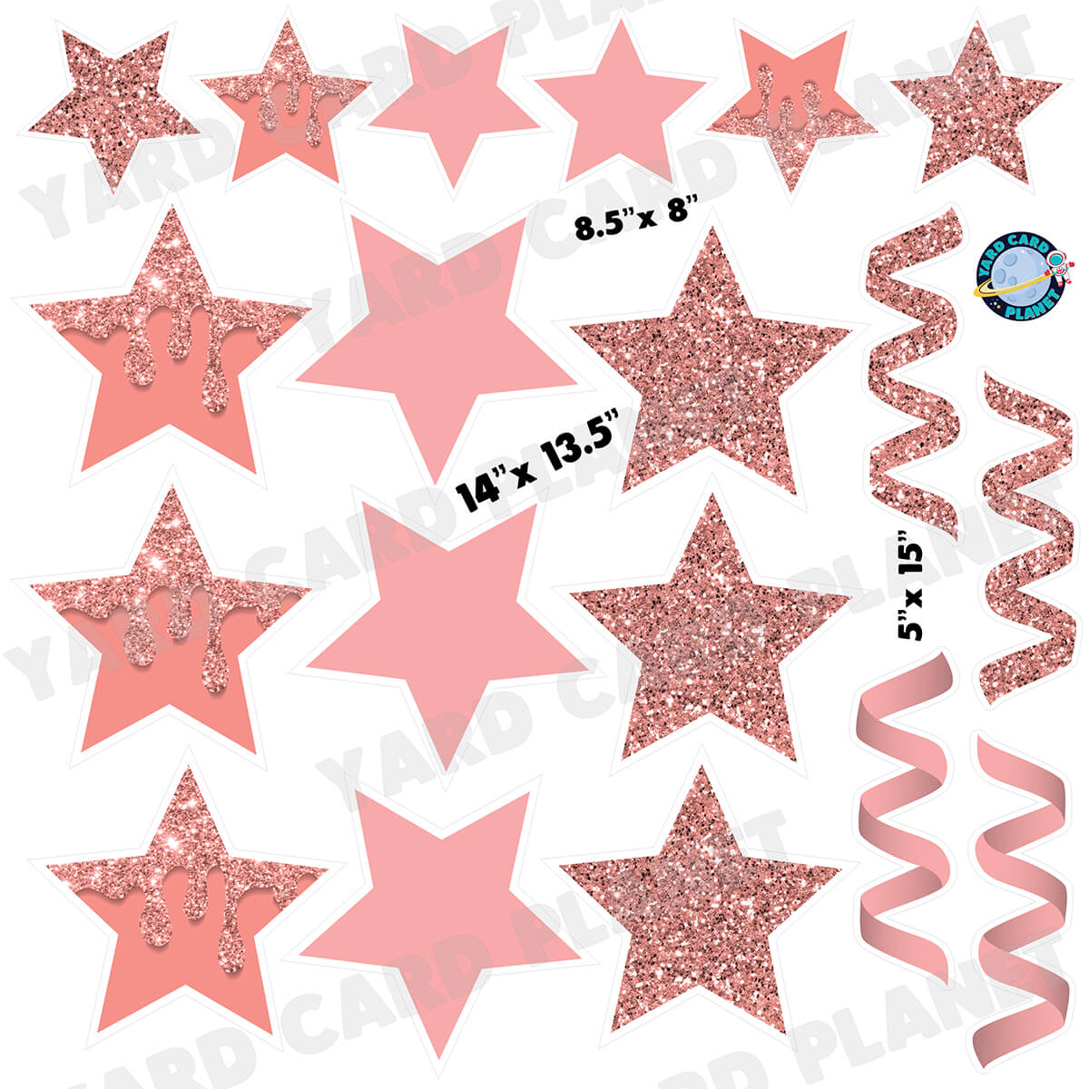 Rose Gold Glitter and Solid Stars and Streamers Half Sheet Yard Card Flair Set