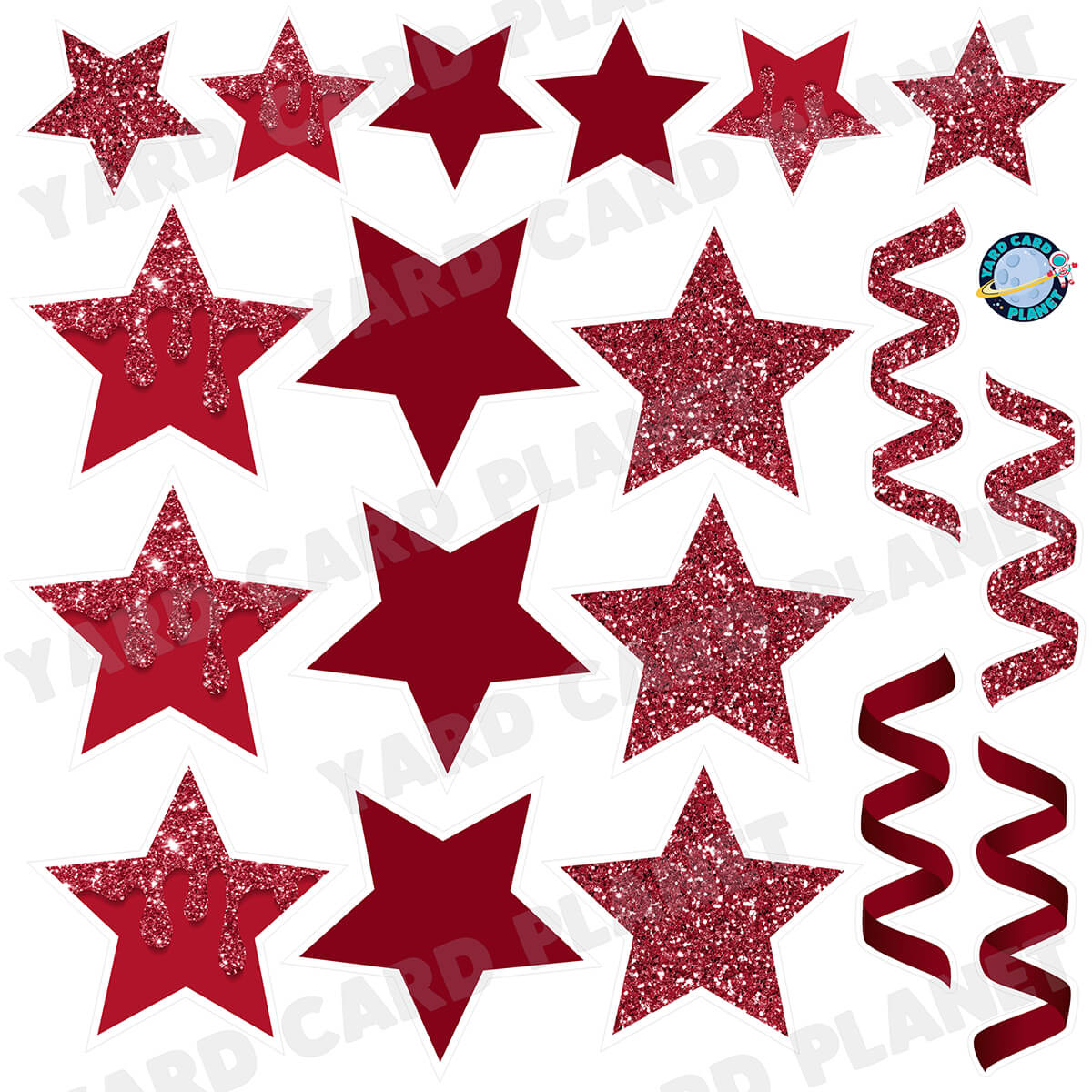 Maroon Glitter and Solid Stars and Streamers Half Sheet Yard Card Flair Set