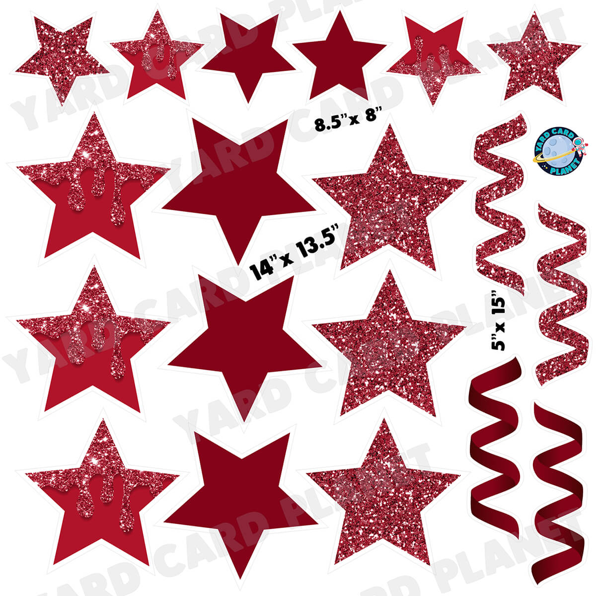 Maroon Glitter and Solid Stars and Streamers Half Sheet Yard Card Flair Set