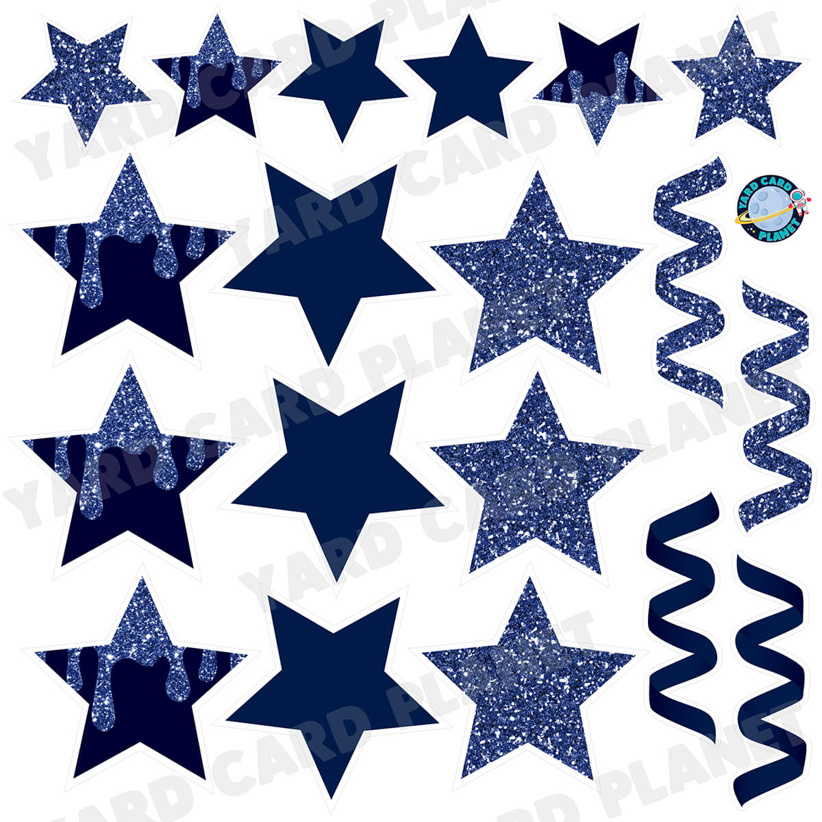 Navy Blue Glitter and Solid Stars and Streamers Half Sheet Yard Card Flair Set