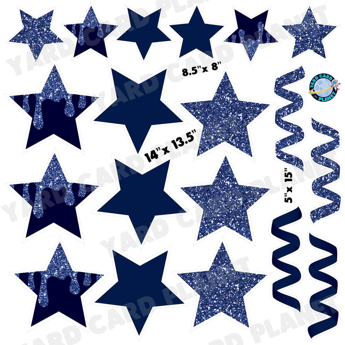 Navy Blue Glitter and Solid Stars and Streamers Half Sheet Yard Card Flair Set