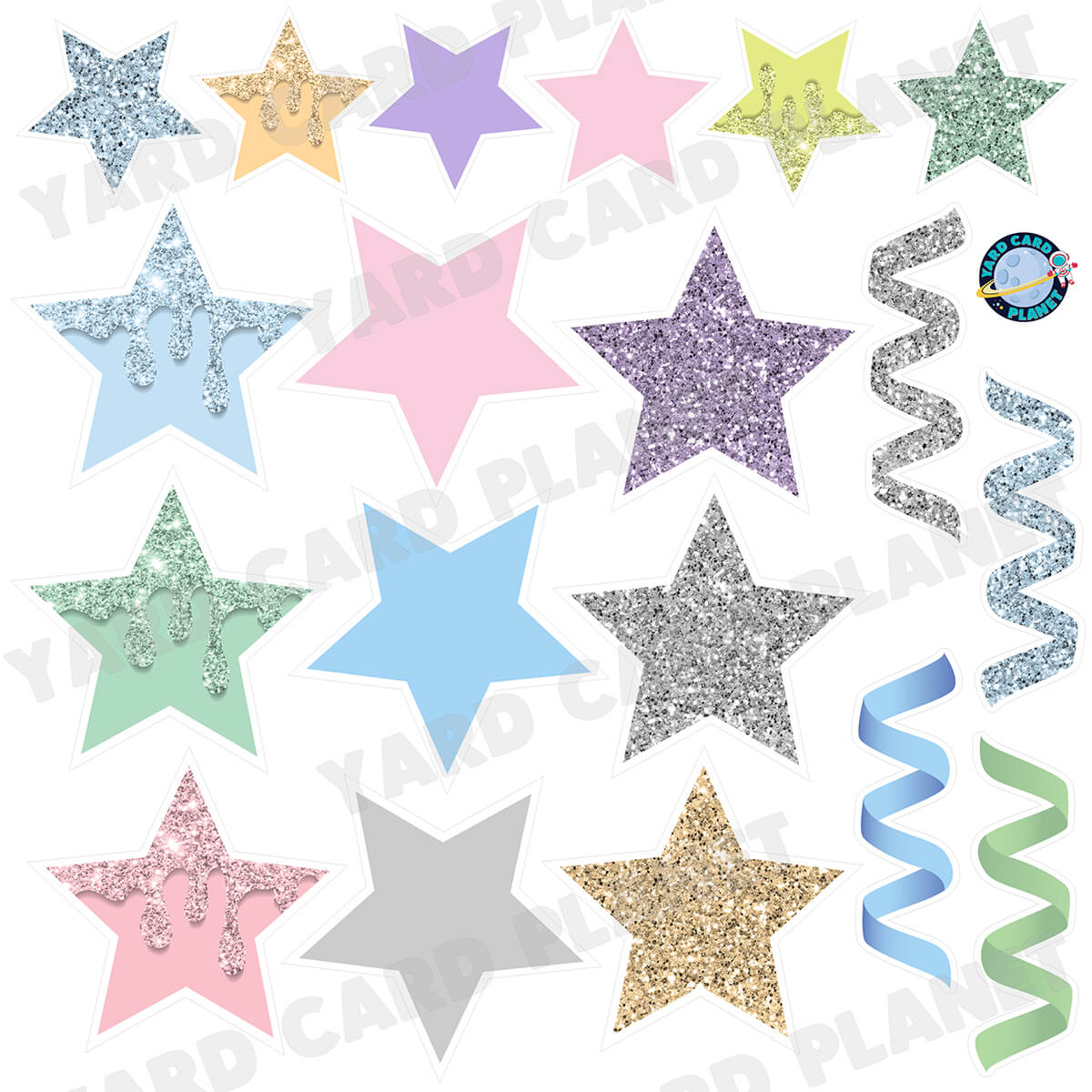 Pastel Multi-Color Glitter and Solid Stars and Streamers Half Sheet Yard Card Flair Set