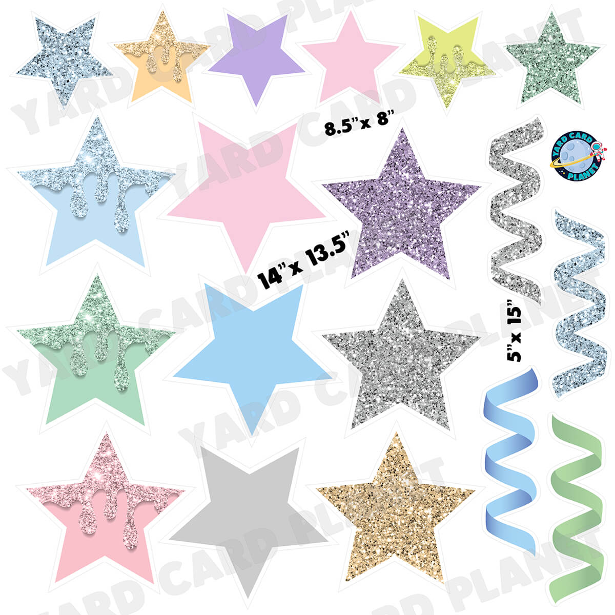 Pastel Multi-Color Glitter and Solid Stars and Streamers Half Sheet Yard Card Flair Set