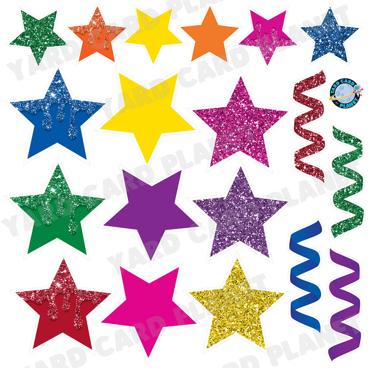 Bright Multi-Color Glitter and Solid Stars and Streamers Half Sheet Yard Card Flair Set