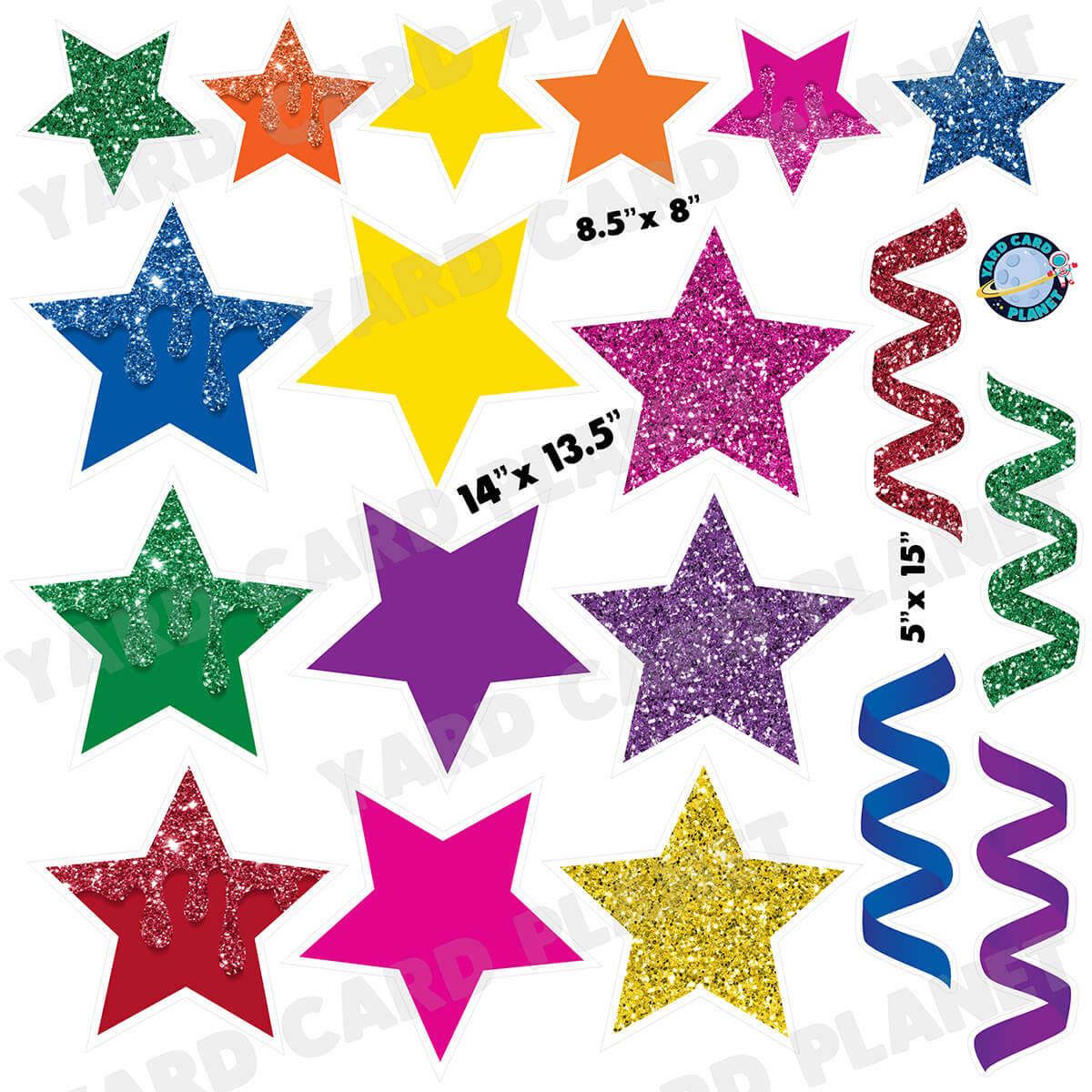 Bright Multi-Color Glitter and Solid Stars and Streamers Half Sheet Yard Card Flair Set