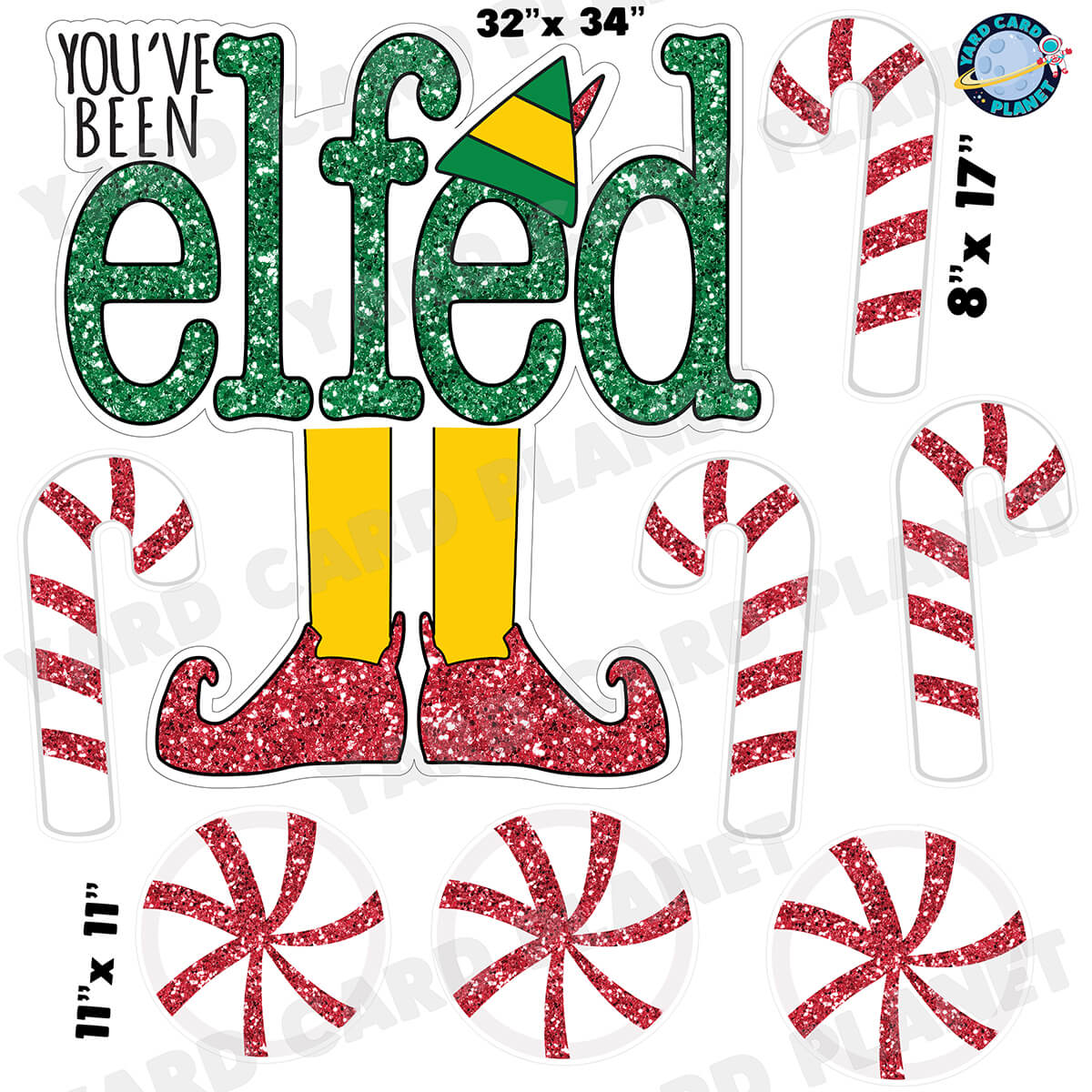 Glitter Pattern Christmas You've Been Elfed Half Sheet EZ Quick Sign and Yard Card Flair Set