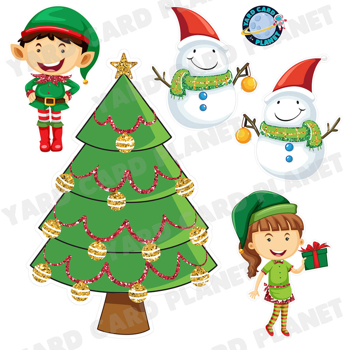 Glitter Pattern Christmas Tree, Elves and Snowmen Half Sheet Yard Card Flair Set