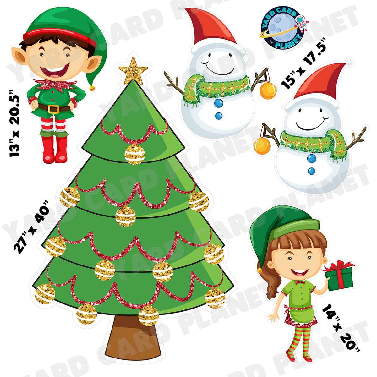 Glitter Pattern Christmas Tree, Elves and Snowmen Half Sheet Yard Card Flair Set