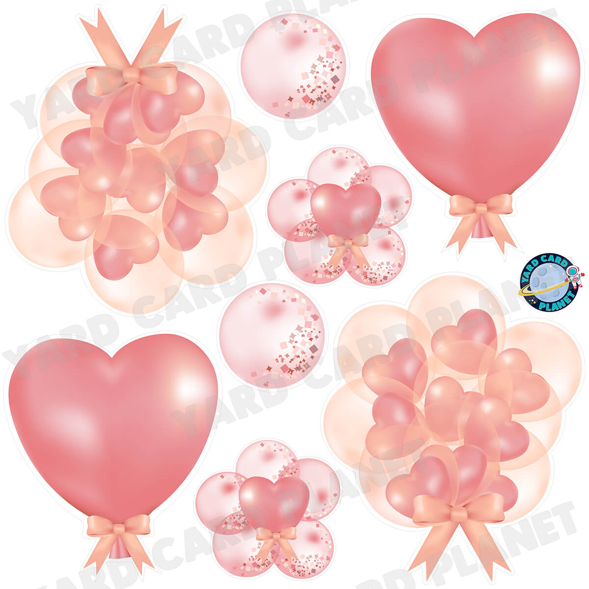 Pink and Peach Heart Balloons and Bubbles Half Sheet Yard Card Flair Set