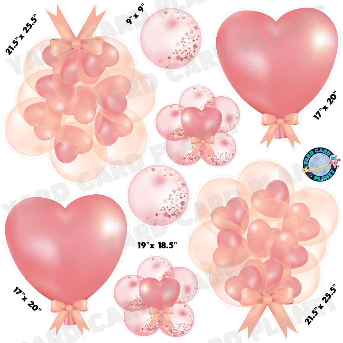 Pink and Peach Heart Balloons and Bubbles Half Sheet Yard Card Flair Set