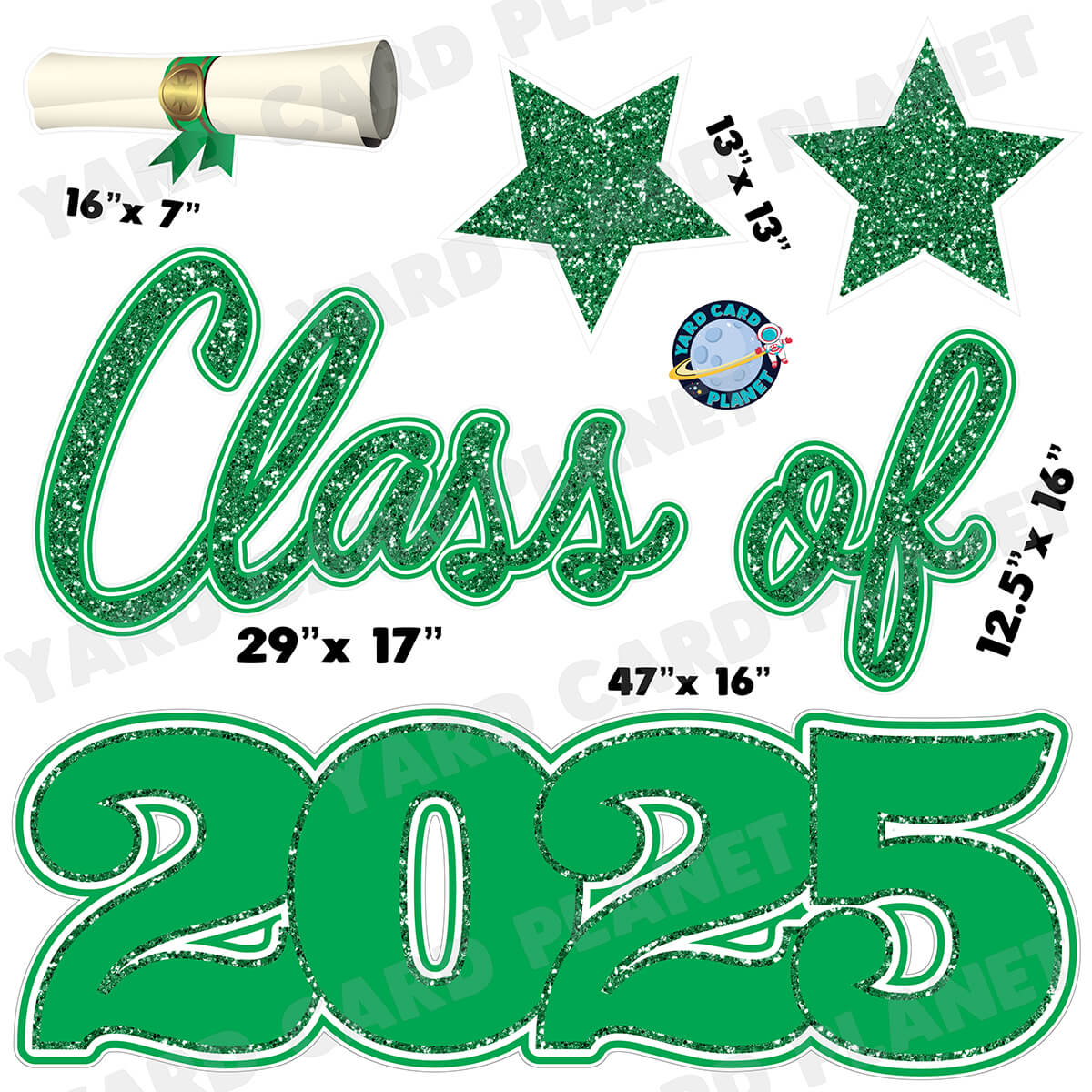 Green Glitter Pattern Class of 2025 EZ Quick Set Half Sheet Yard Card Flair Set