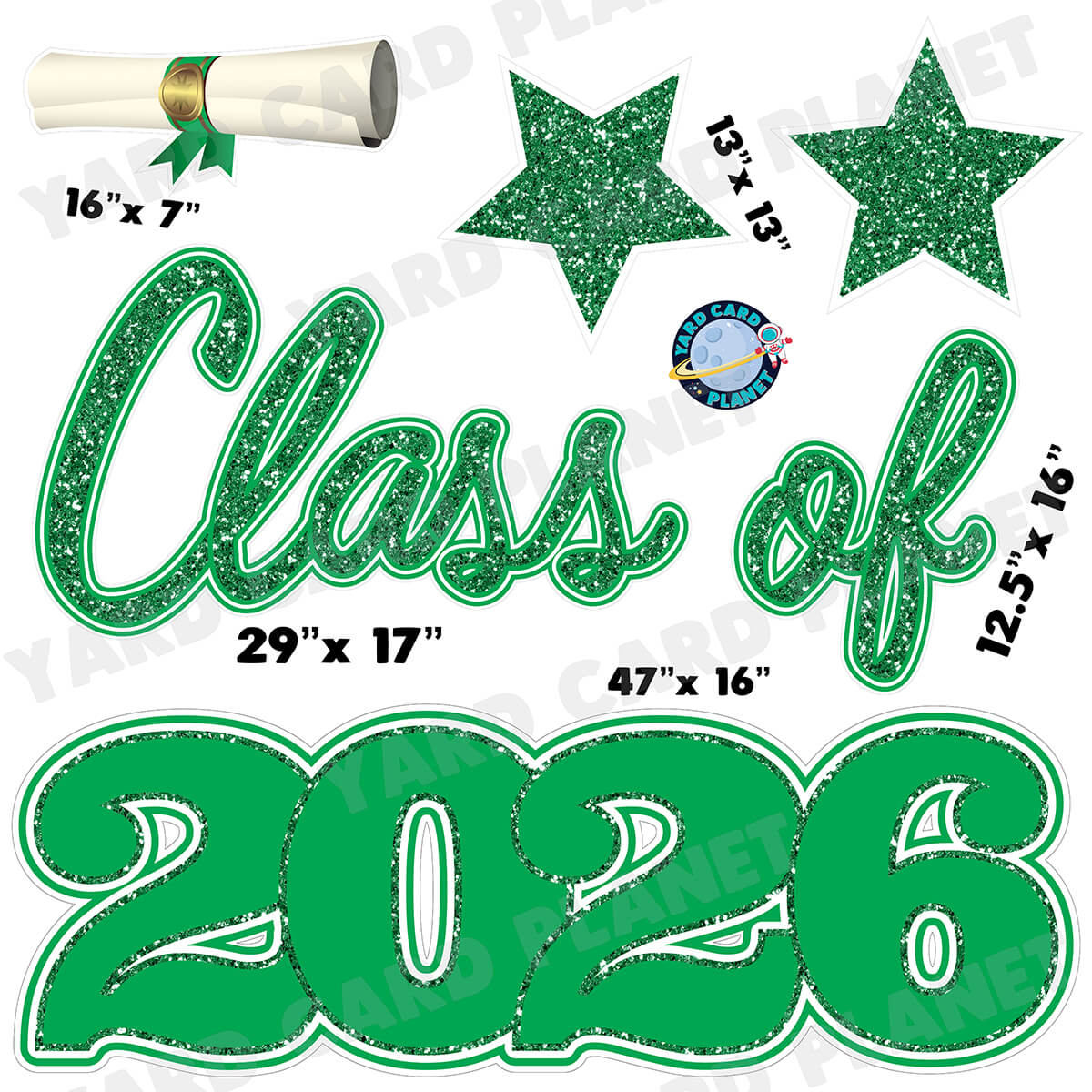 Green Glitter Pattern Class of 2026 EZ Quick Set Half Sheet Yard Card Flair Set