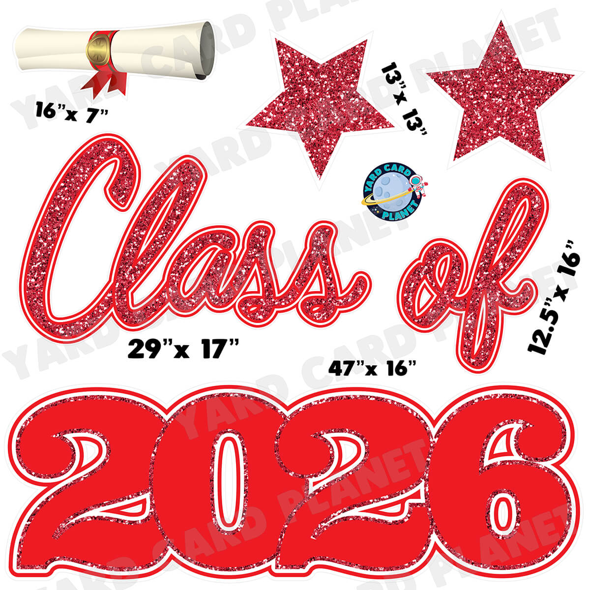 Red Glitter Pattern Class of 2026 EZ Quick Set Half Sheet Yard Card Flair Set