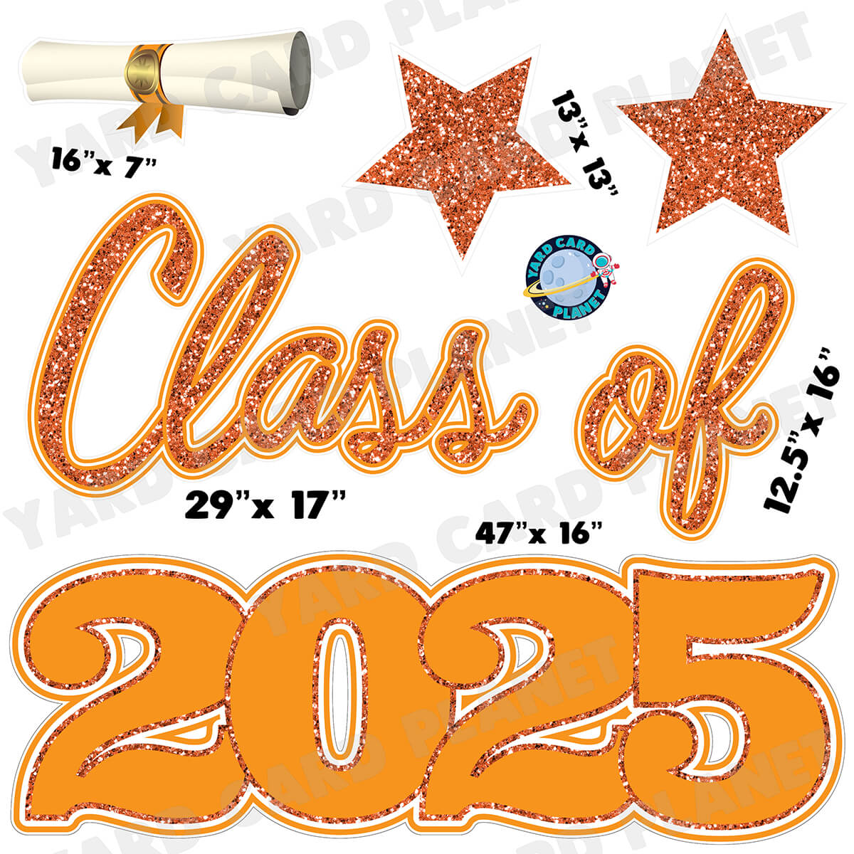 Orange Glitter Pattern Class of 2025 EZ Quick Set Half Sheet Yard Card Flair Set