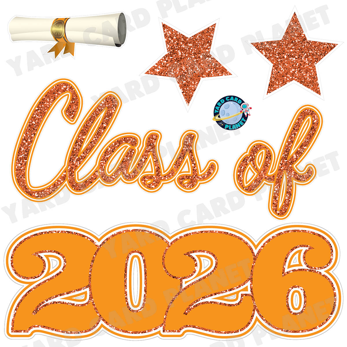 Orange Glitter Pattern Class of 2026 EZ Quick Set Half Sheet Yard Card Flair Set