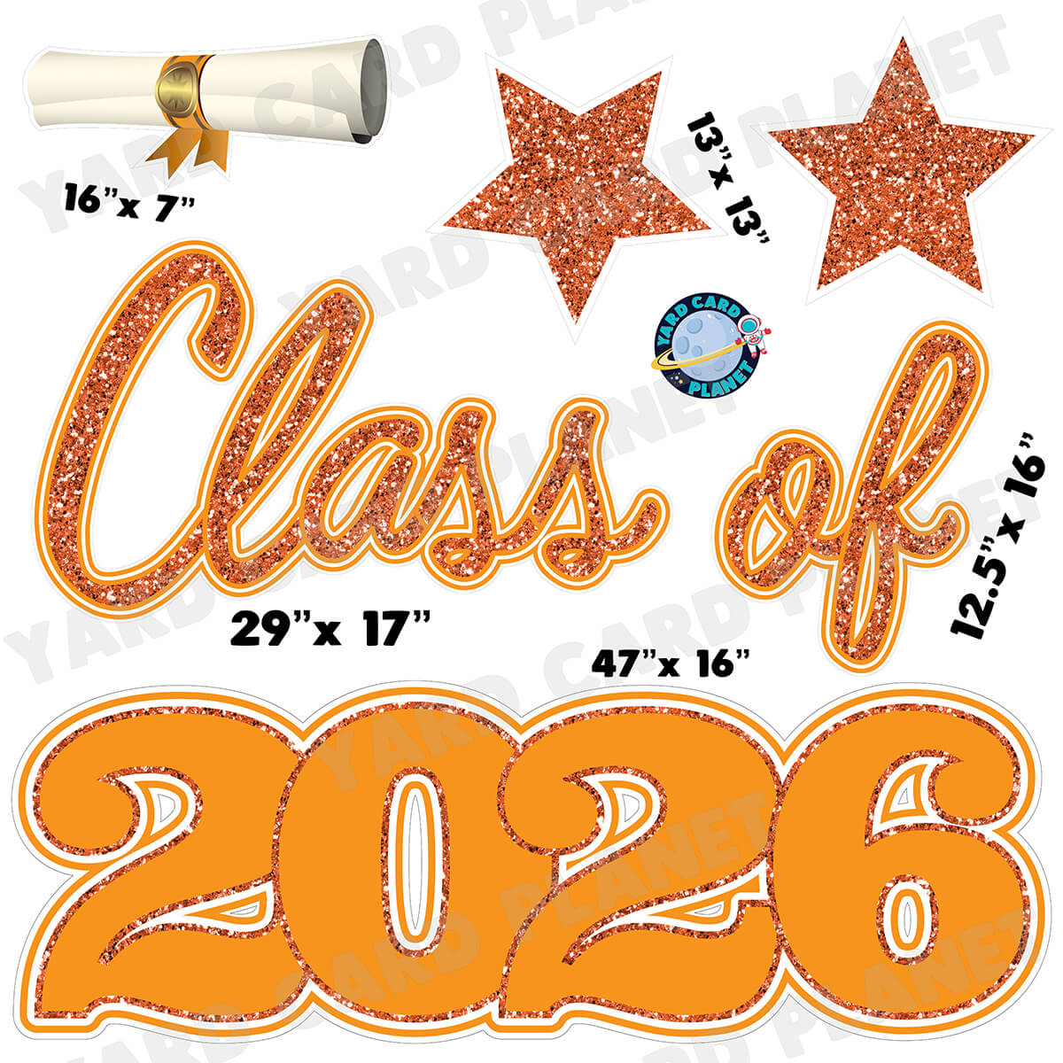 Orange Glitter Pattern Class of 2026 EZ Quick Set Half Sheet Yard Card Flair Set