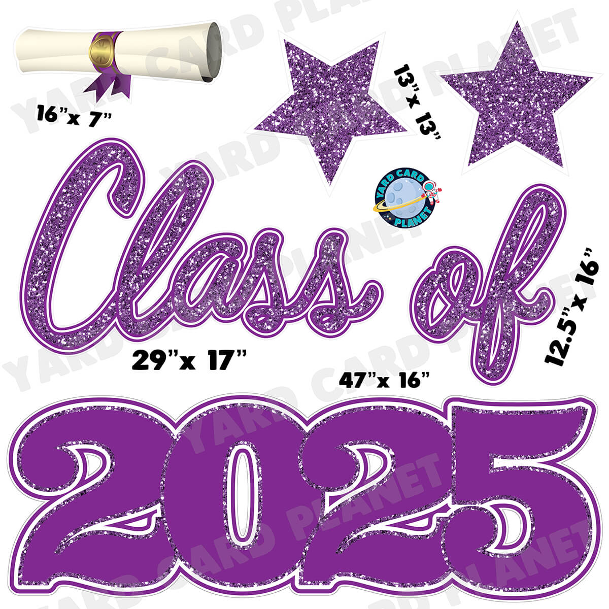 Purple Glitter Pattern Class of 2025 EZ Quick Set Half Sheet Yard Card Flair Set