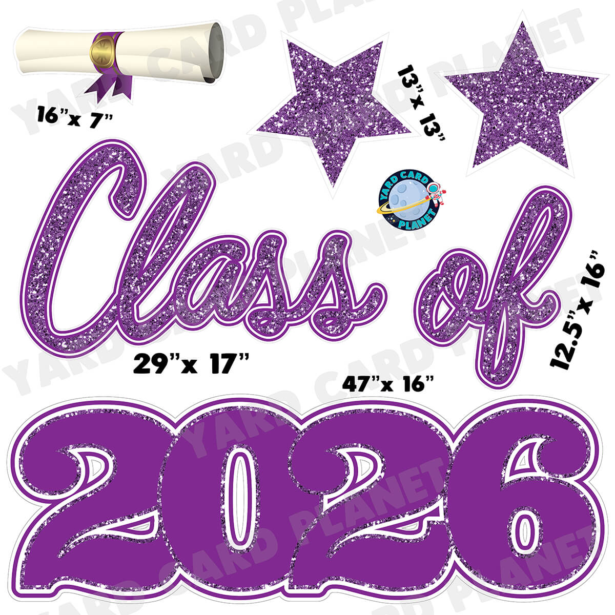 Purple Glitter Pattern Class of 2026 EZ Quick Set Half Sheet Yard Card Flair Set