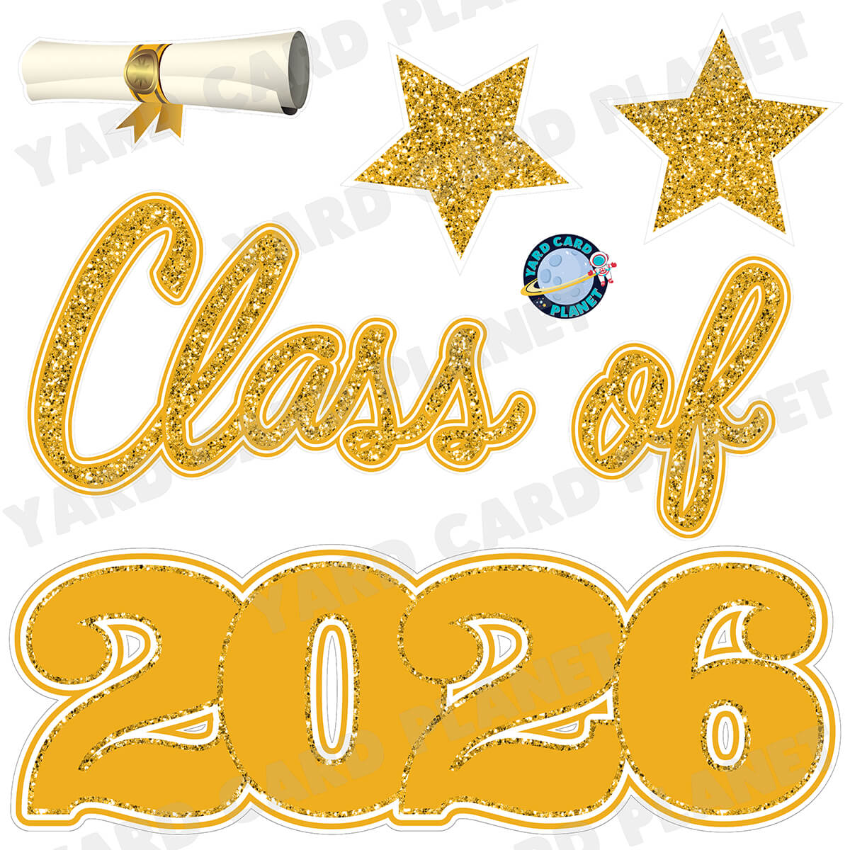 Gold Glitter Pattern Class of 2026 EZ Quick Set Half Sheet Yard Card Flair Set