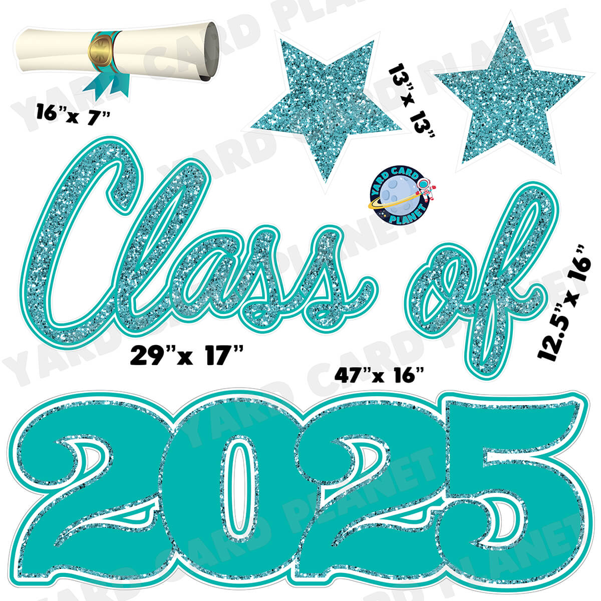 Teal Glitter Pattern Class of 2025 EZ Quick Set Half Sheet Yard Card Flair Set