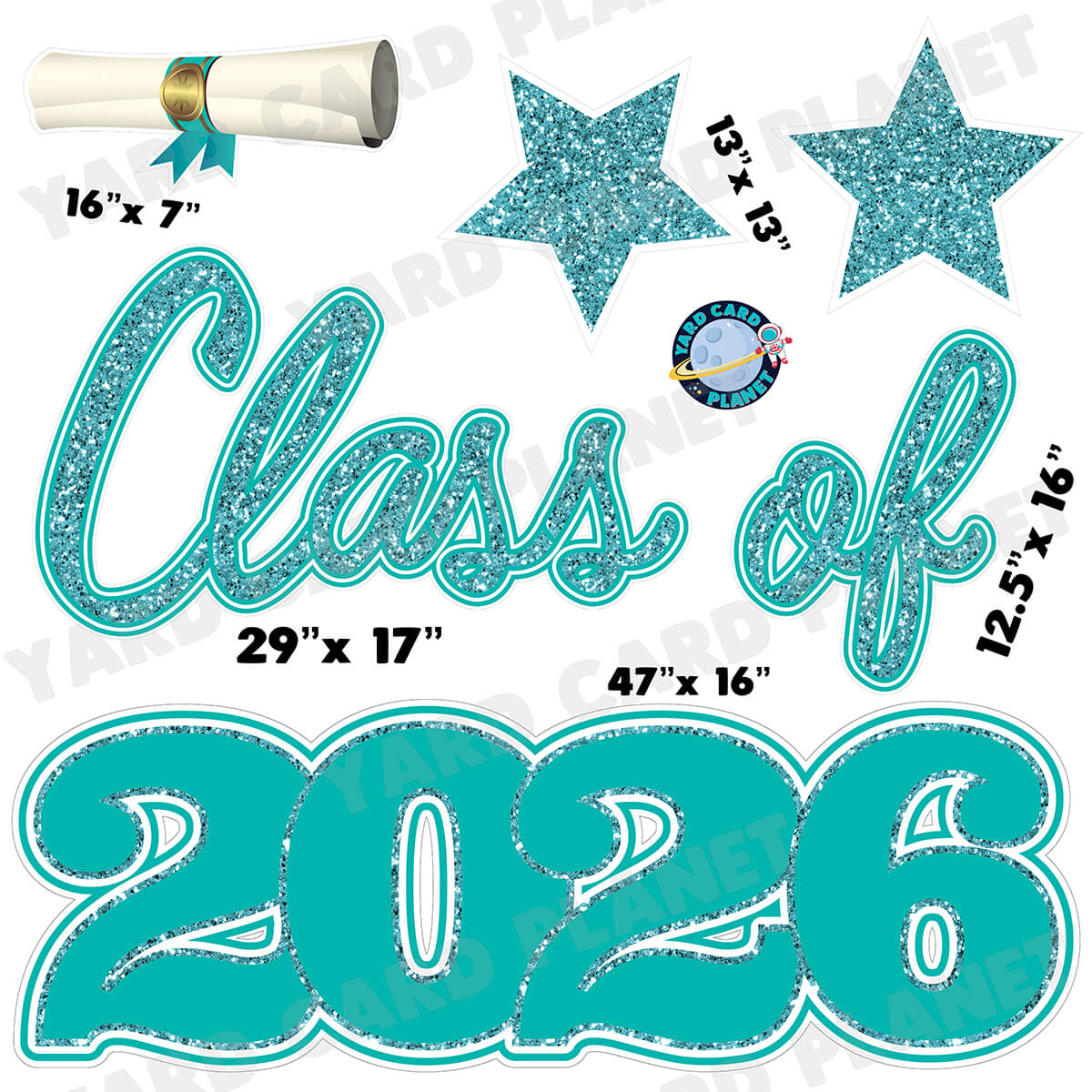 Teal Glitter Pattern Class of 2026 EZ Quick Set Half Sheet Yard Card Flair Set