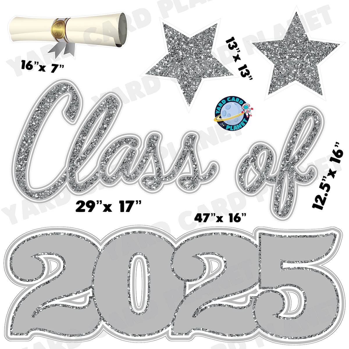 Silver Glitter Pattern Class of 2025 EZ Quick Set Half Sheet Yard Card Flair Set