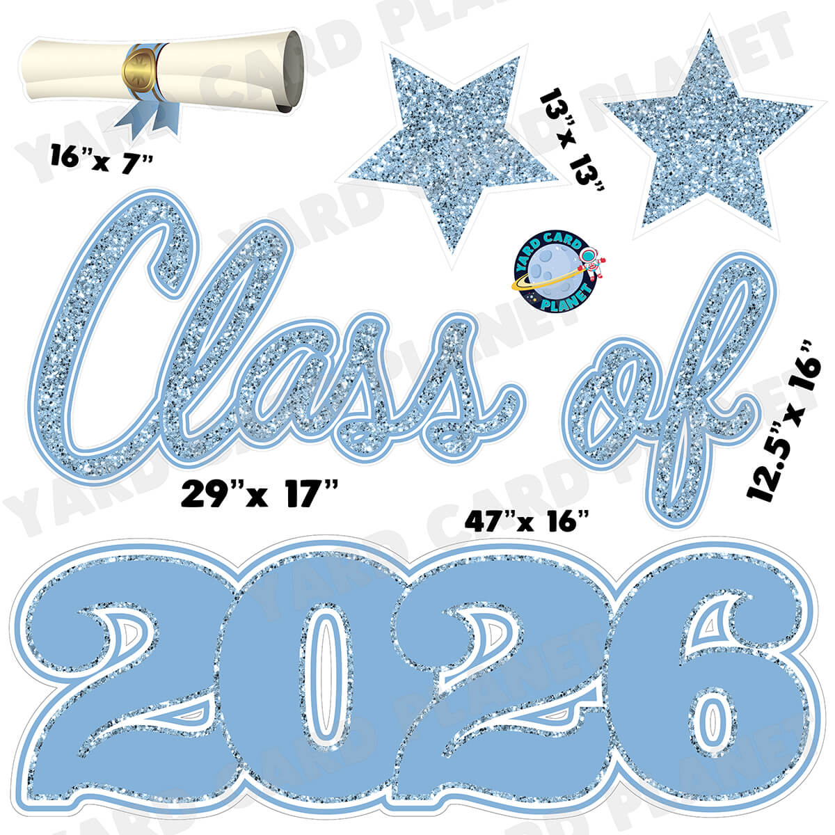 Baby Blue Glitter Pattern Class of 2026 EZ Quick Set Half Sheet Yard Card Flair Set