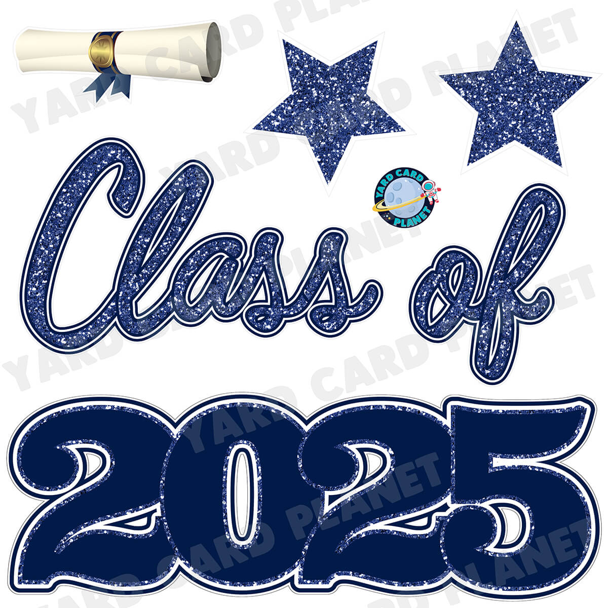 Navy Blue Glitter Pattern Class of 2025 EZ Quick Set Half Sheet Yard Card Flair Set