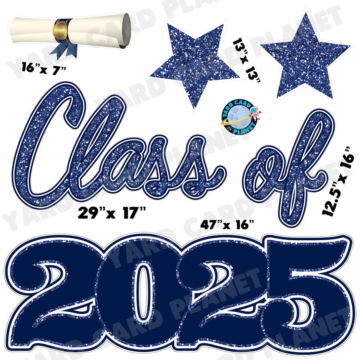 Navy Blue Glitter Pattern Class of 2025 EZ Quick Set Half Sheet Yard Card Flair Set