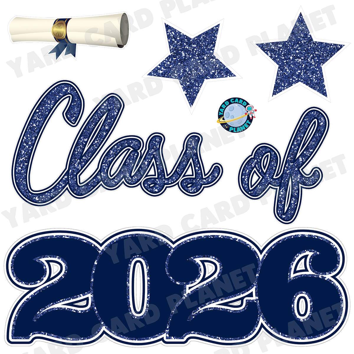 Navy Blue Glitter Pattern Class of 2026 EZ Quick Set Half Sheet Yard Card Flair Set