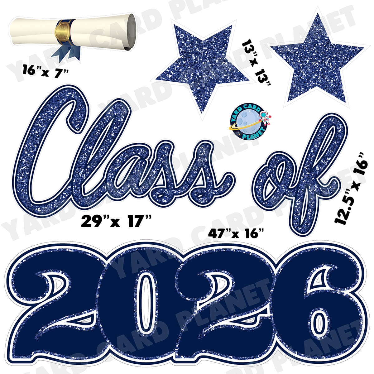 Navy Blue Glitter Pattern Class of 2026 EZ Quick Set Half Sheet Yard Card Flair Set