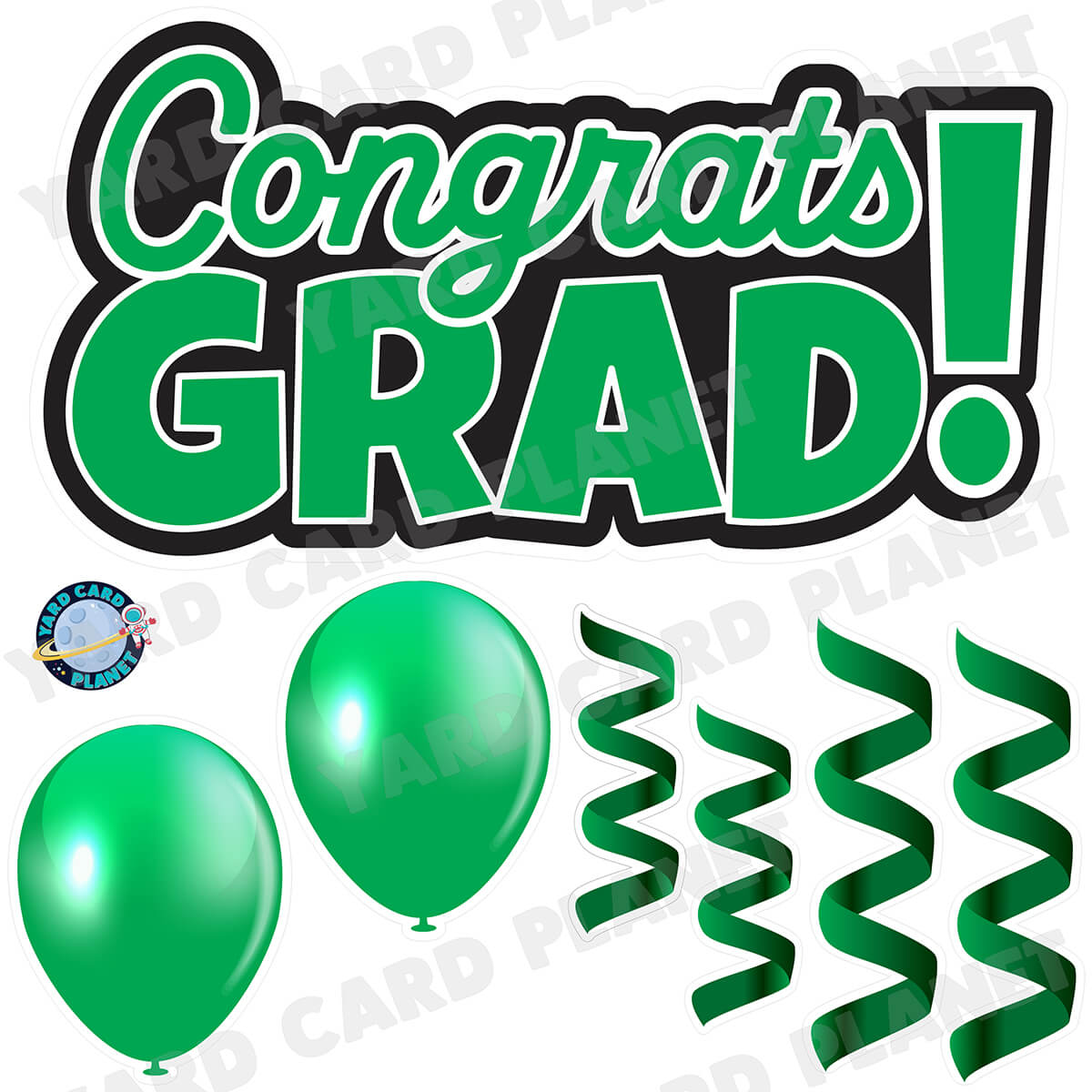 Green Congrats Grad EZ Quick Signs with Matching Balloons and Streamers Half Sheet Yard Card Flair Set