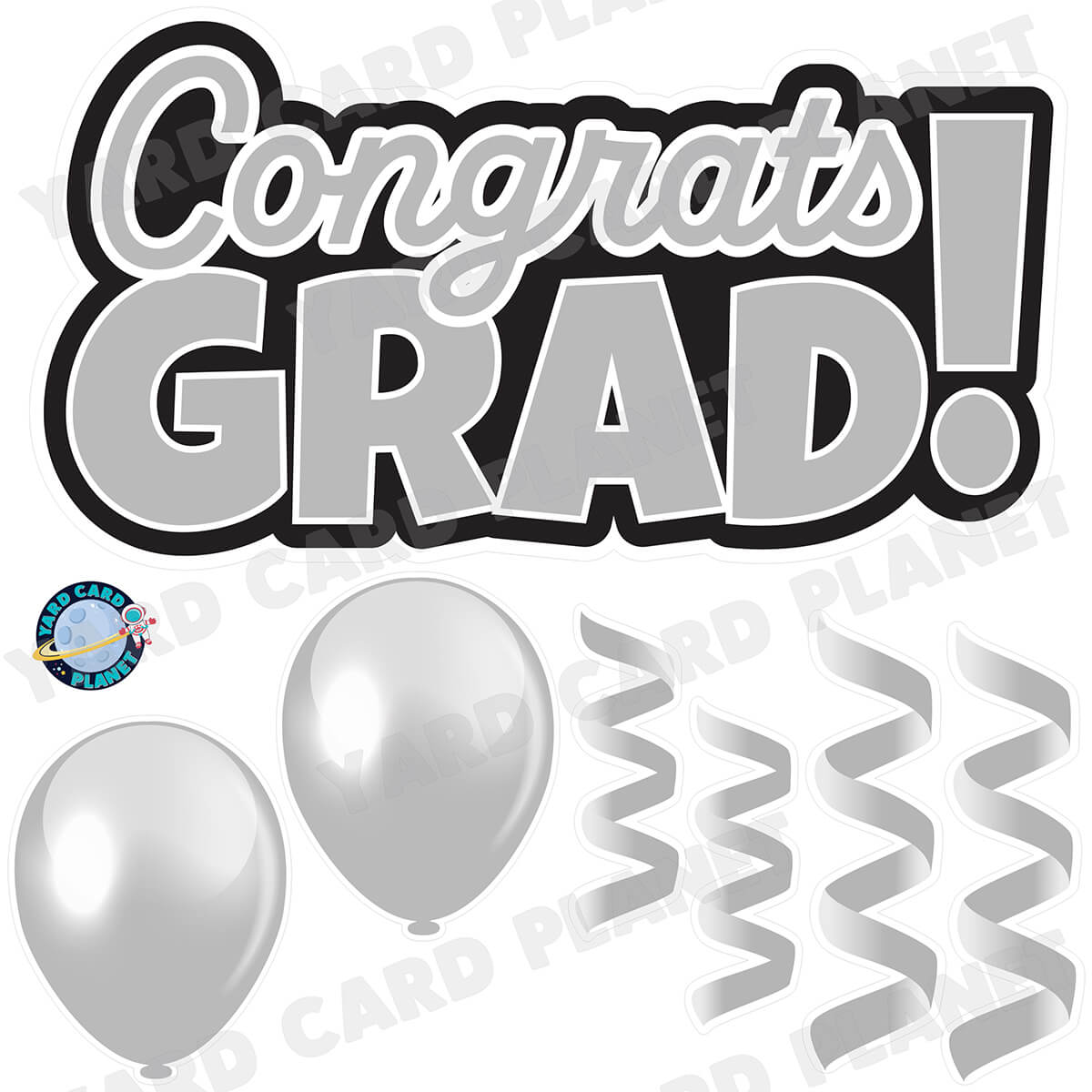 Grey Congrats Grad EZ Quick Signs with Matching Balloons and Streamers Half Sheet Yard Card Flair Set