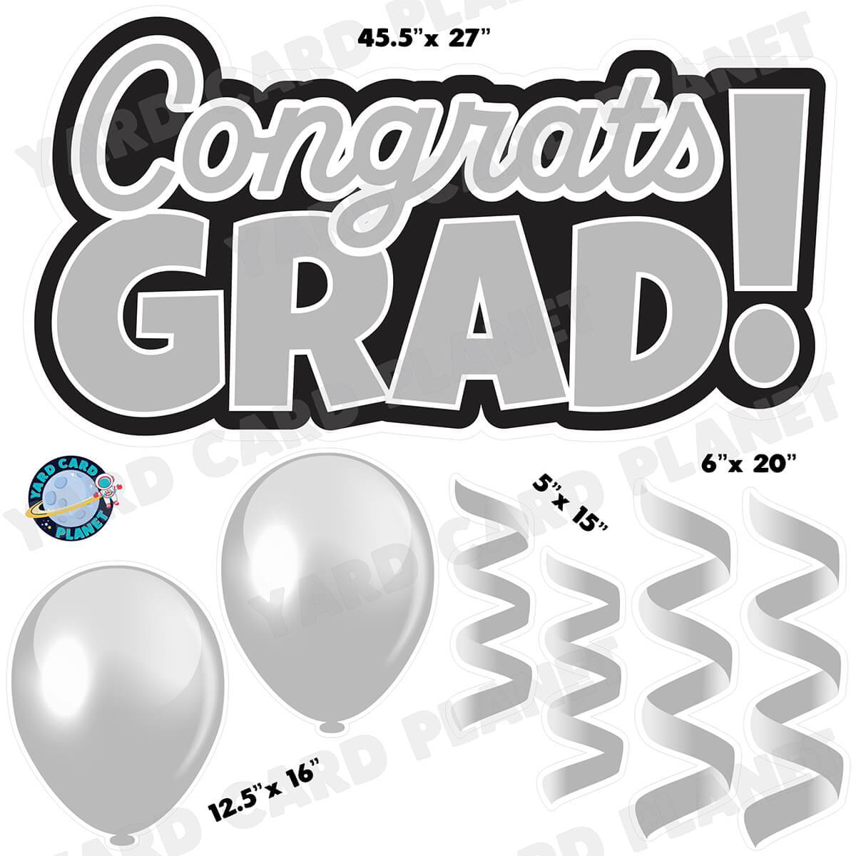 Grey Congrats Grad EZ Quick Signs with Matching Balloons and Streamers Half Sheet Yard Card Flair Set