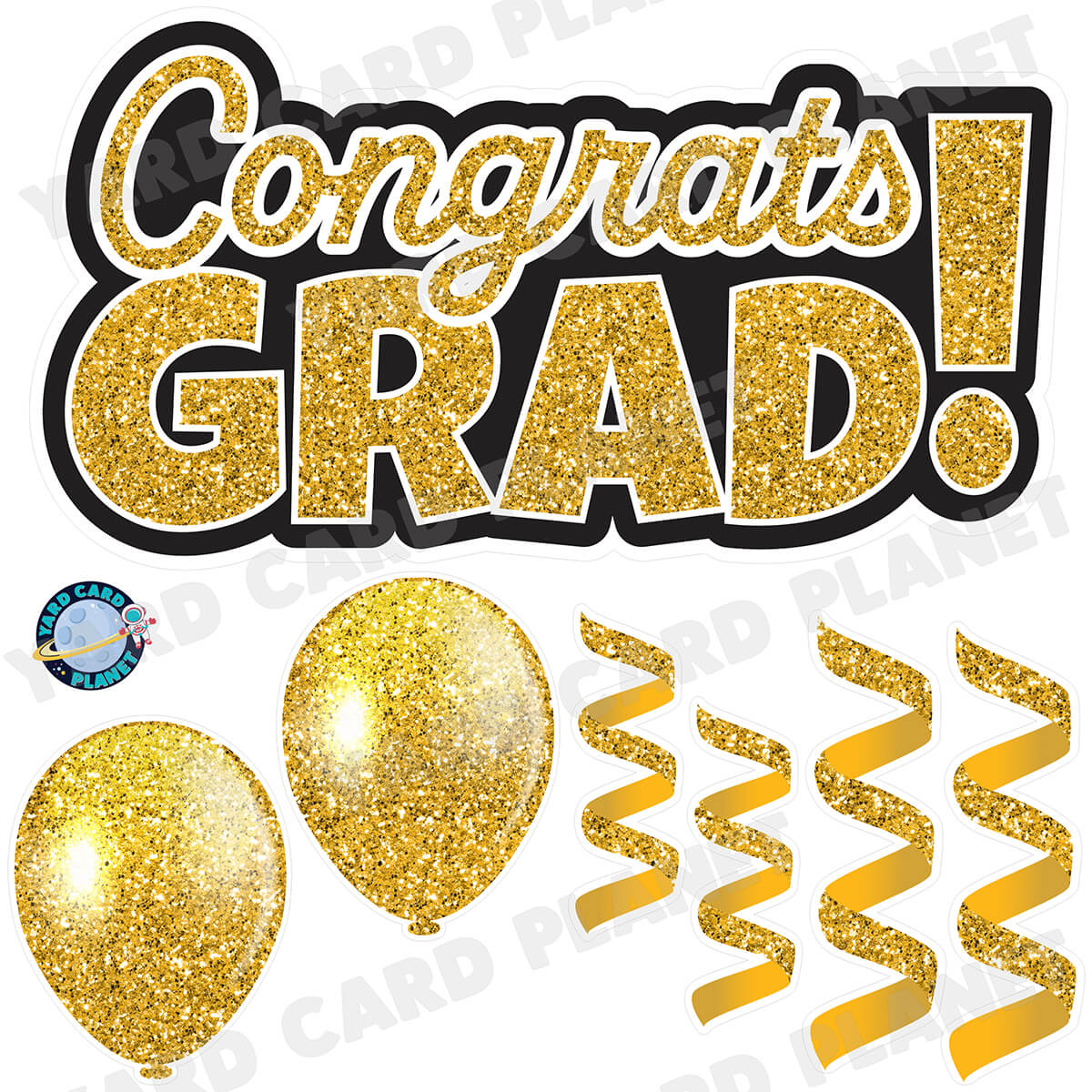 Gold Glitter Congrats Grad EZ Quick Signs with Matching Balloons and Streamers Half Sheet Yard Card Flair Set