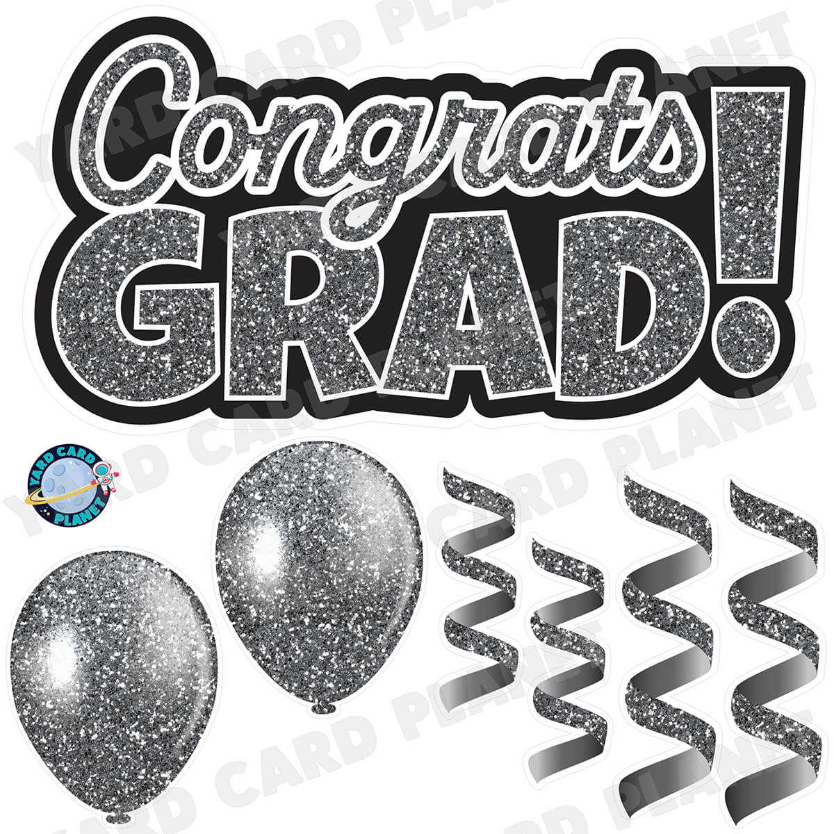 Silver Glitter Congrats Grad EZ Quick Signs with Matching Balloons and Streamers Half Sheet Yard Card Flair Set