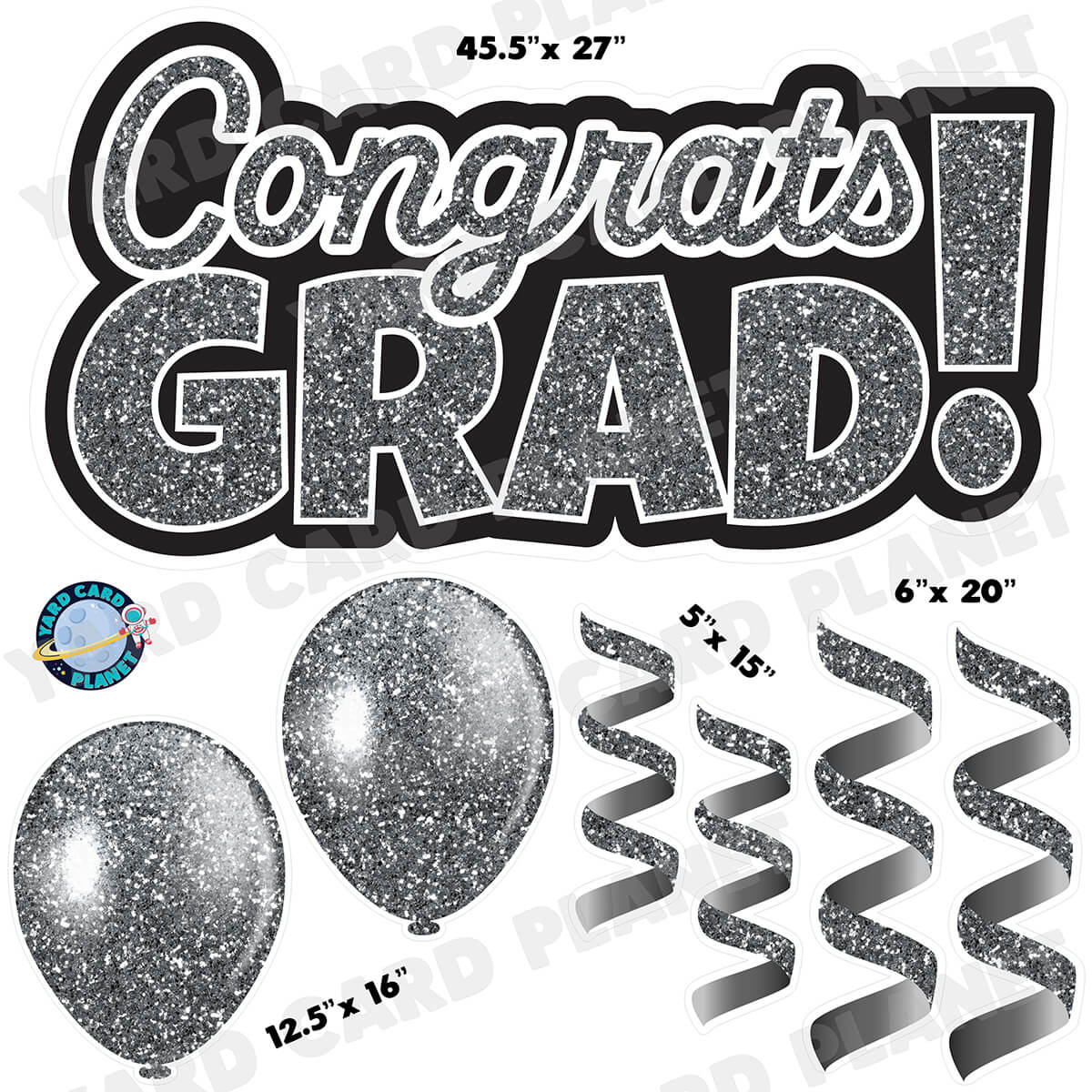 Silver Glitter Congrats Grad EZ Quick Signs with Matching Balloons and Streamers Half Sheet Yard Card Flair Set