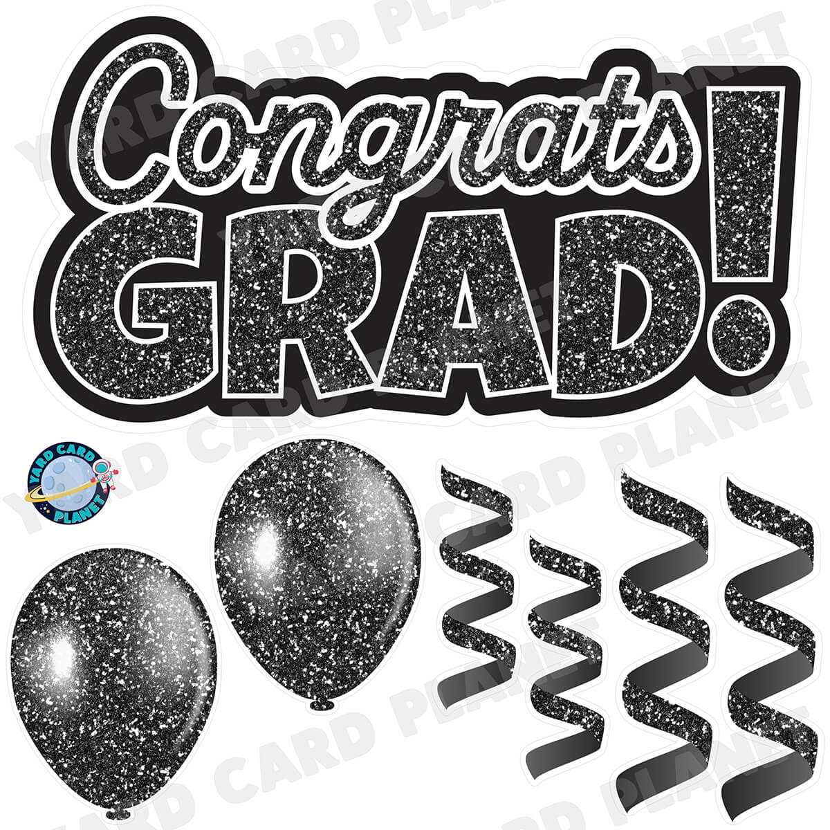 Black Glitter Congrats Grad EZ Quick Signs with Matching Balloons and Streamers Half Sheet Yard Card Flair Set