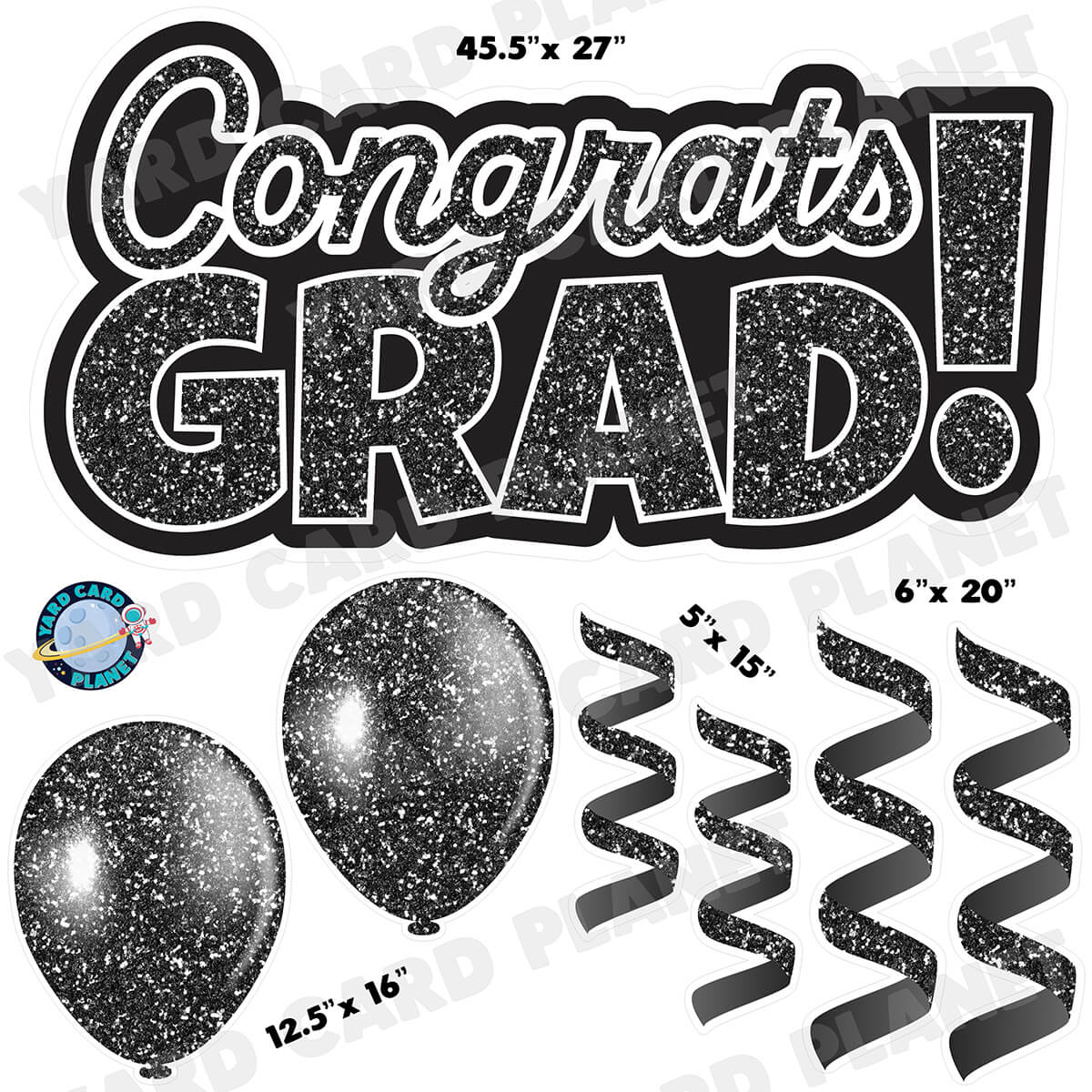 Black Glitter Congrats Grad EZ Quick Signs with Matching Balloons and Streamers Half Sheet Yard Card Flair Set