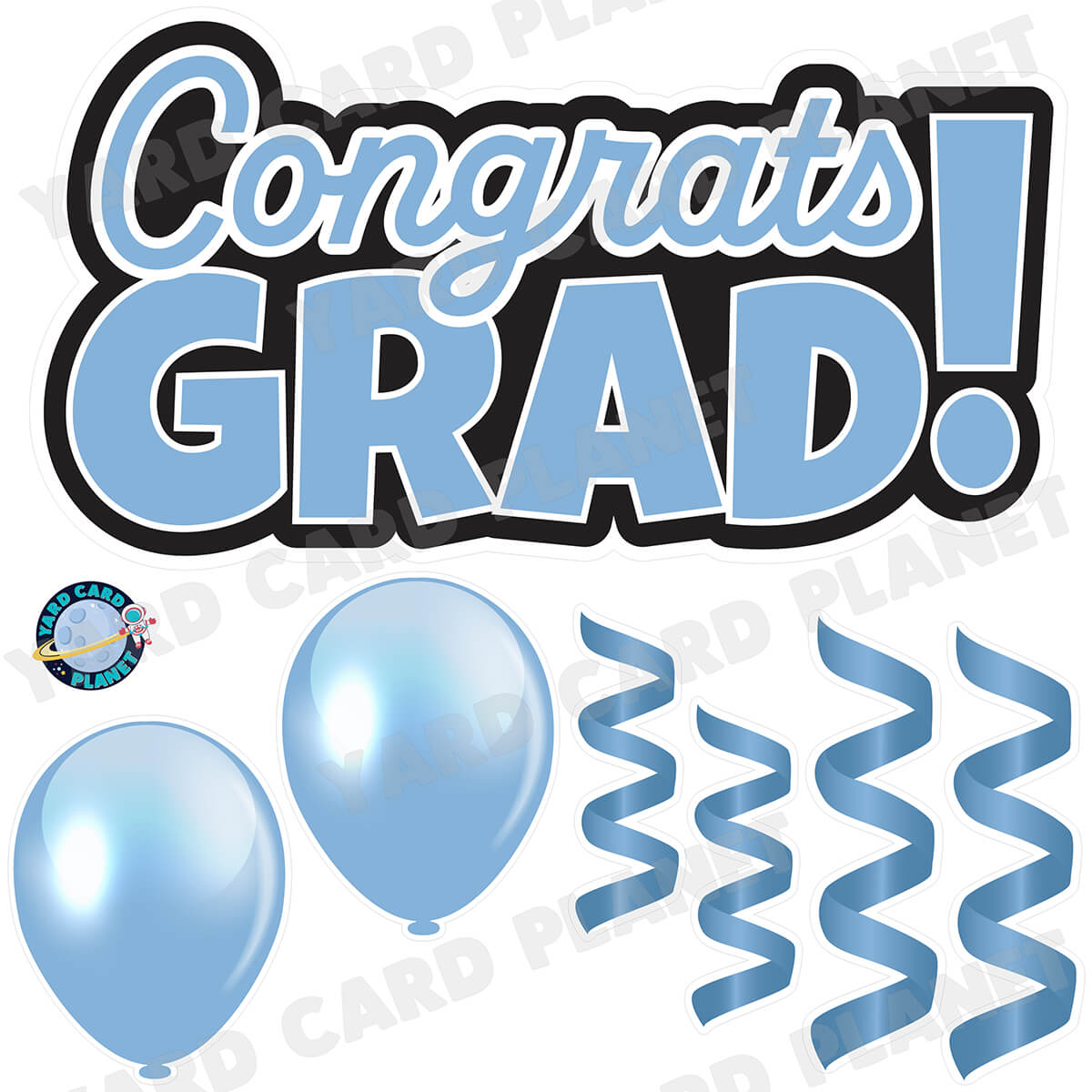 Baby Blue Congrats Grad EZ Quick Signs with Matching Balloons and Streamers Half Sheet Yard Card Flair Set