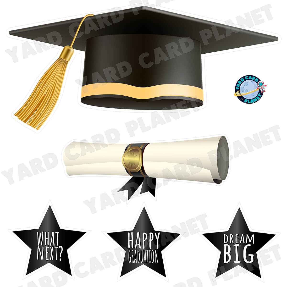 Extra Large Black Graduation Cap, Diploma and Signs Half Sheet Yard Card Flair Set