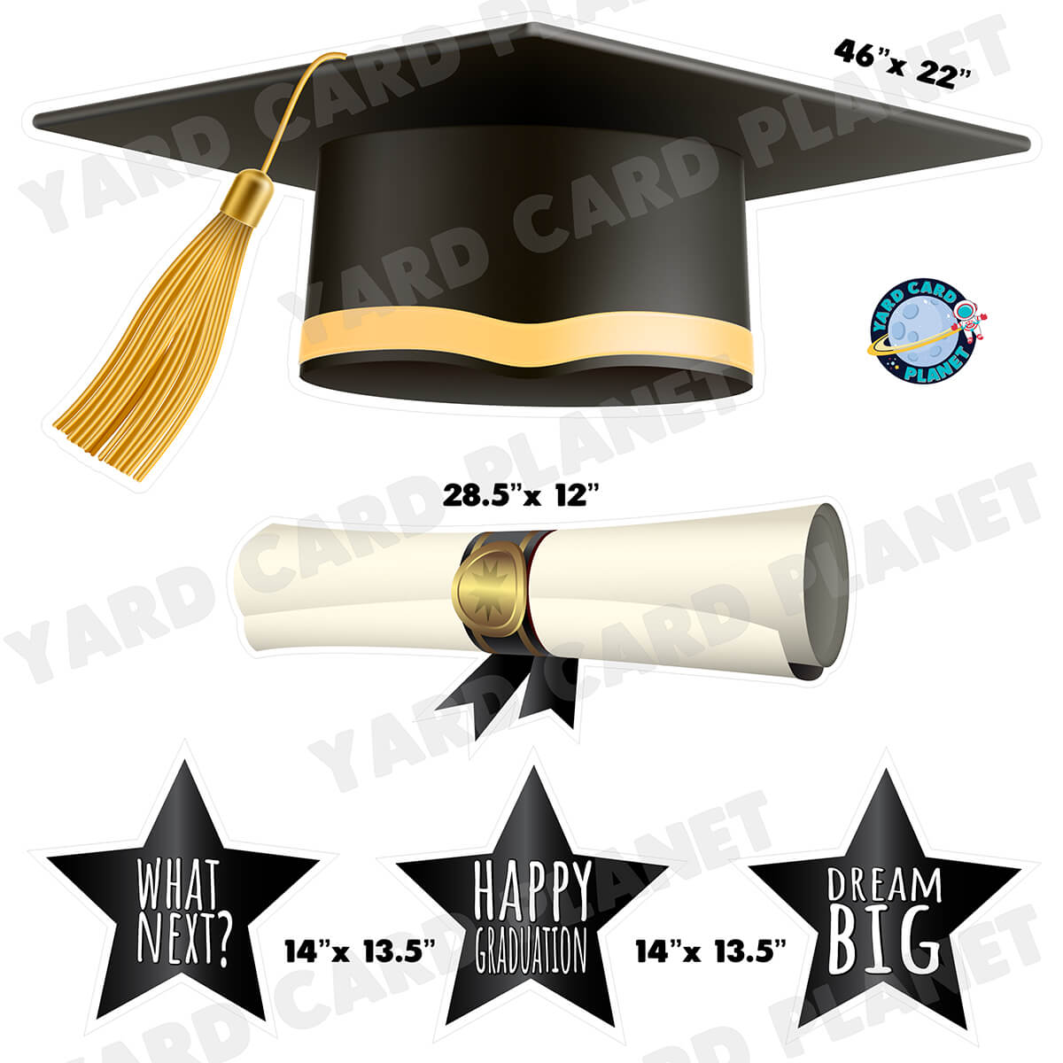 Extra Large Black Graduation Cap, Diploma and Signs Half Sheet Yard Card Flair Set