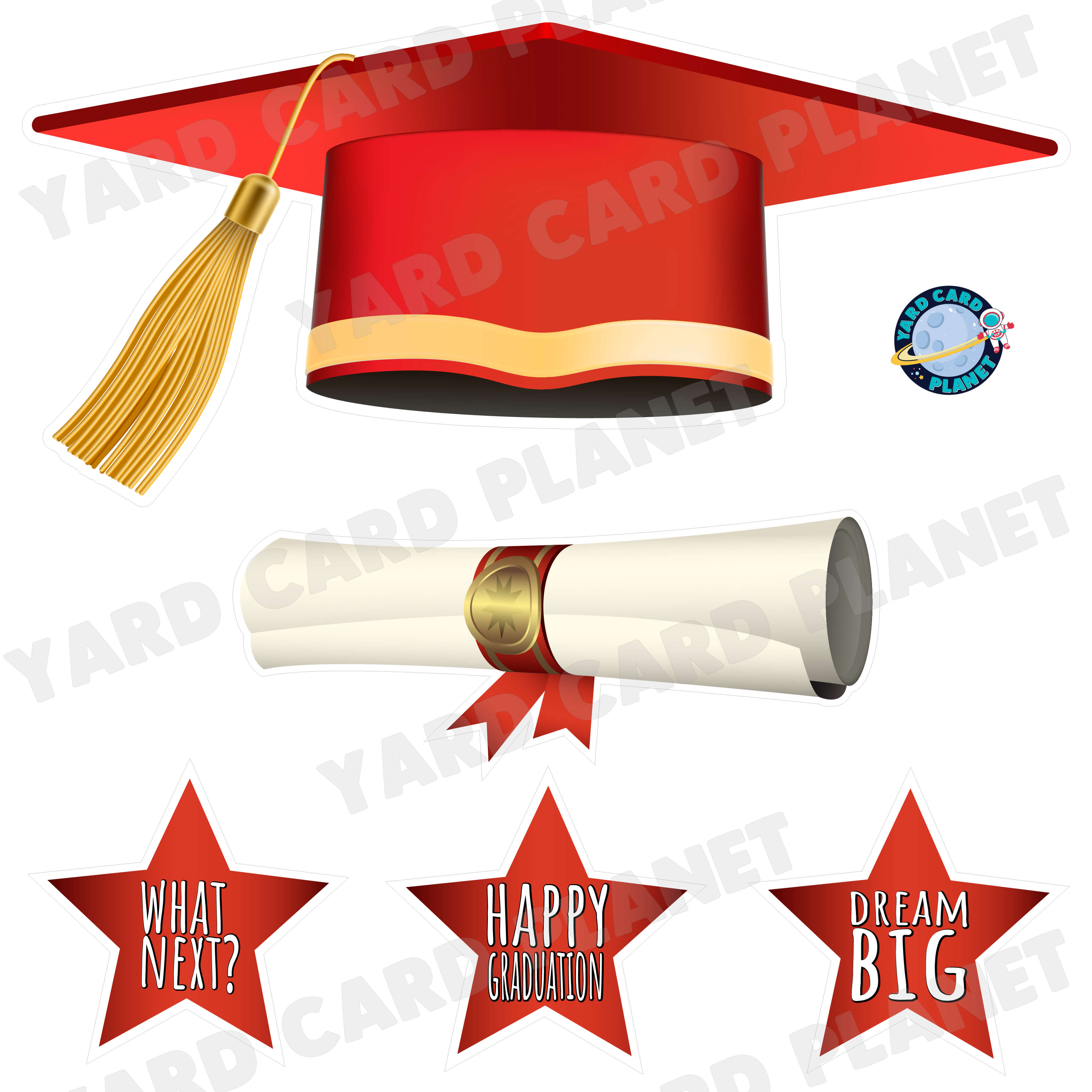 Extra Large Red Graduation Cap, Diploma and Signs Half Sheet Yard Card Flair Set