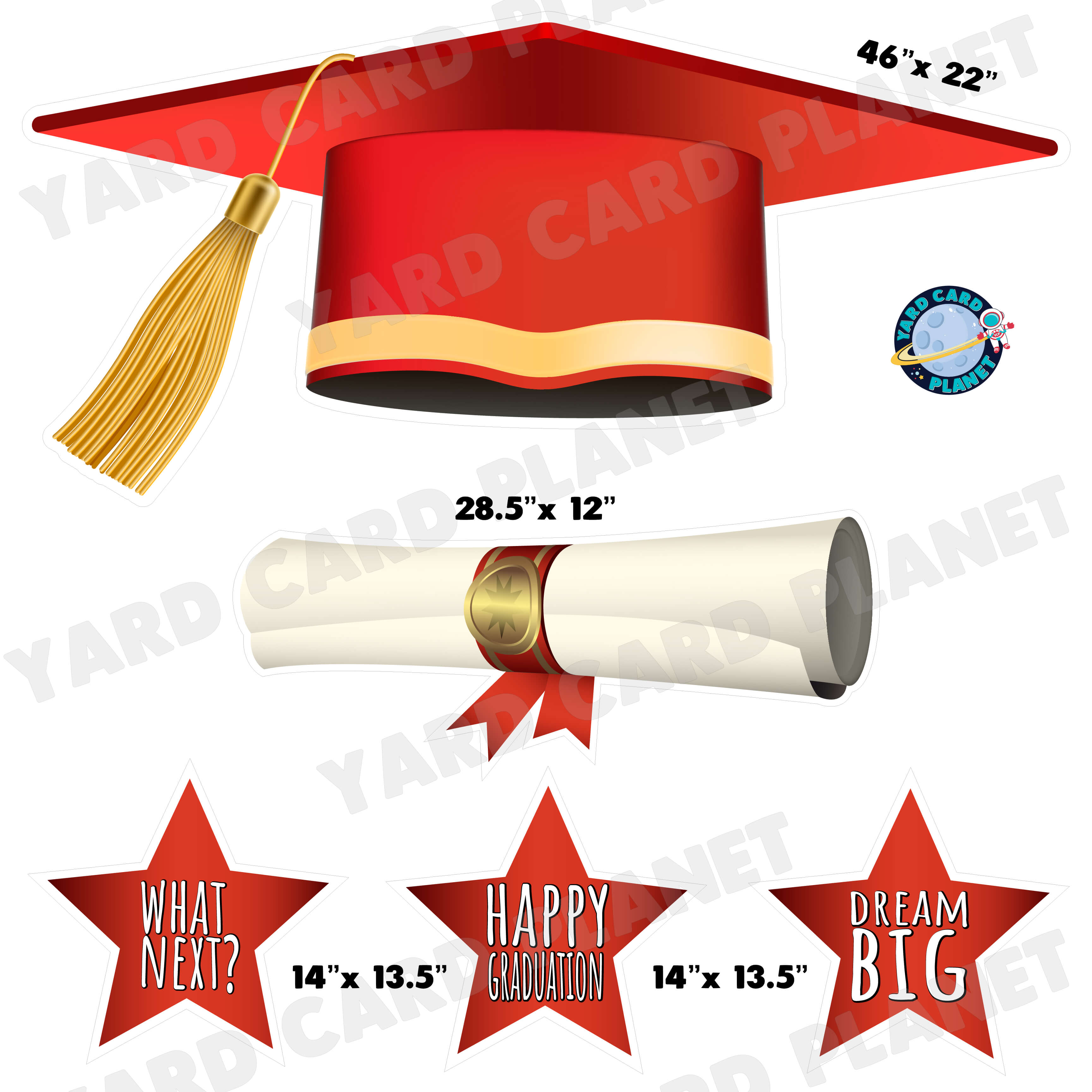 Extra Large Red Graduation Cap, Diploma and Signs Half Sheet Yard Card Flair Set