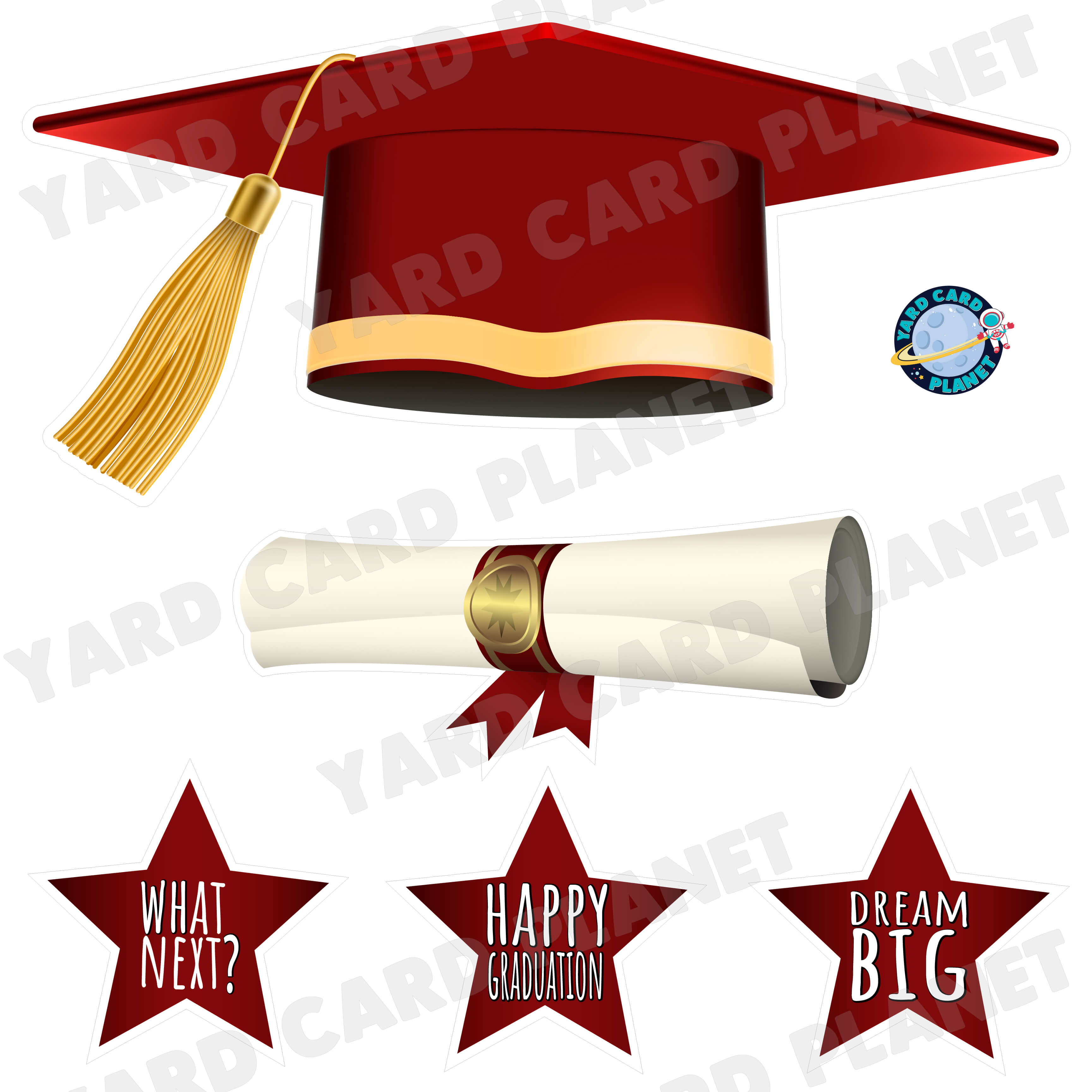 Extra Large Maroon Graduation Cap, Diploma and Signs Half Sheet Yard Card Flair Set