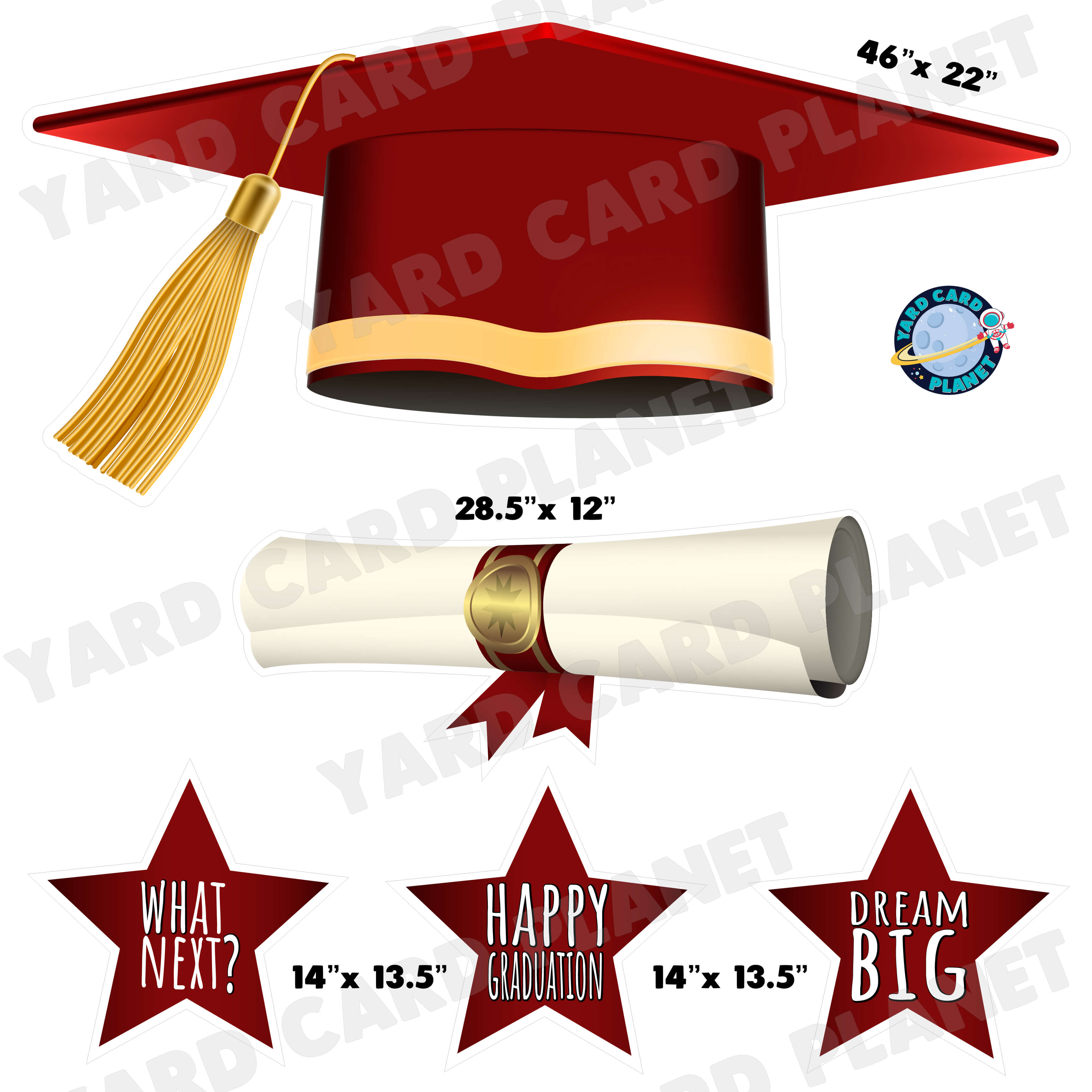 Extra Large Maroon Graduation Cap, Diploma and Signs Half Sheet Yard Card Flair Set