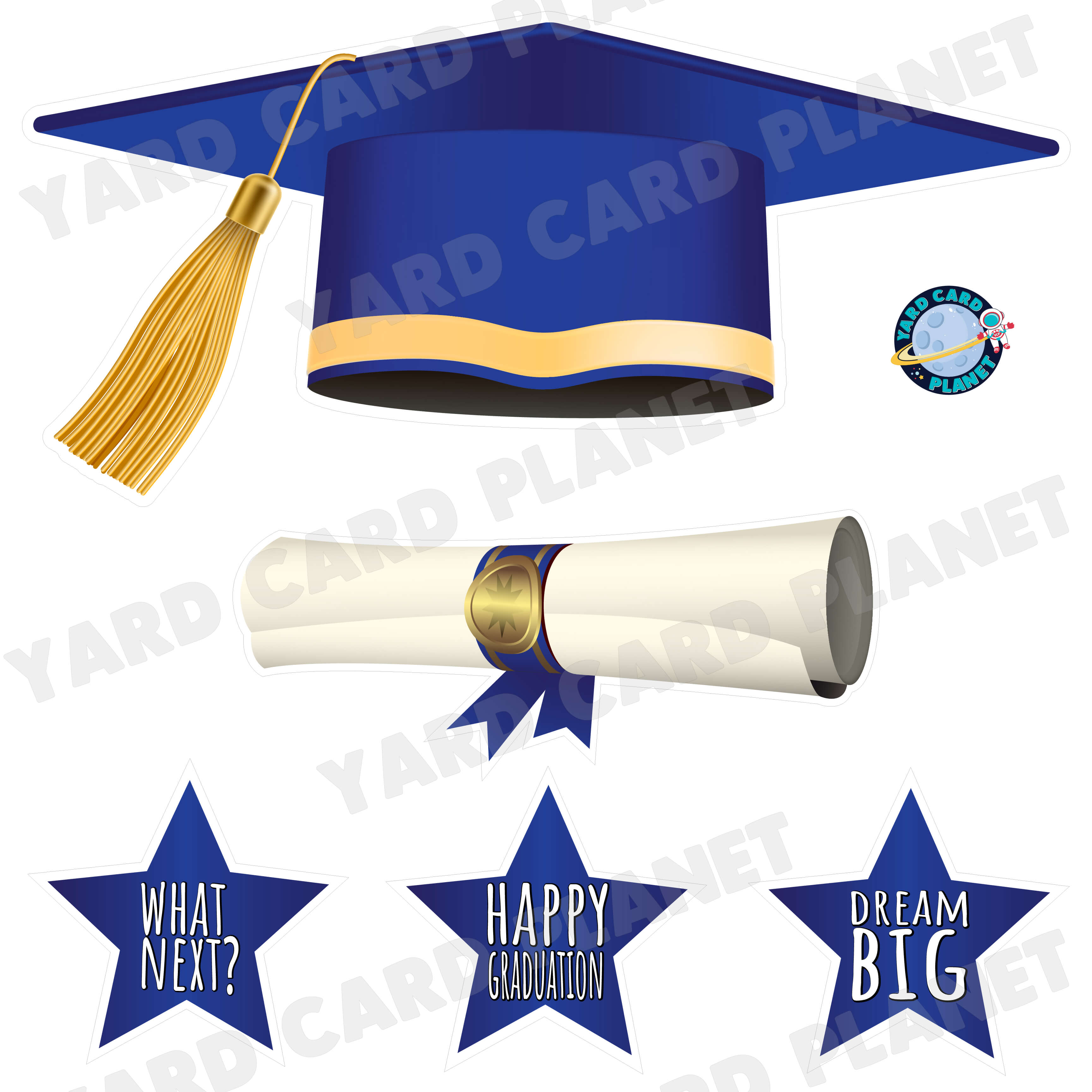 Extra Large Blue Graduation Cap, Diploma and Signs Half Sheet Yard Card Flair Set